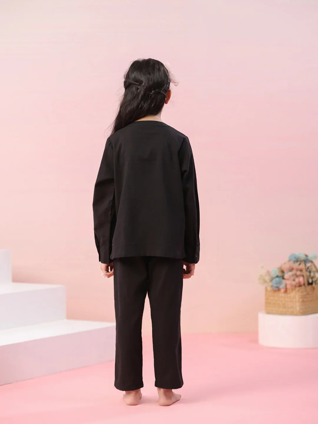 Black Round Neck Cotton Night Suit for Kids - SanskrutiHomes