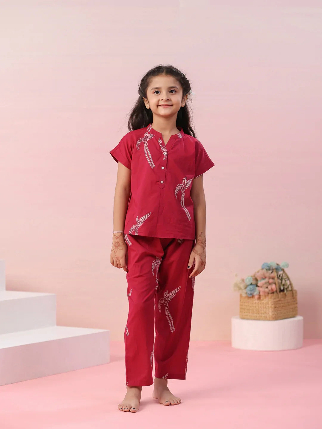 Sparrow Bird Printed Cotton Kids Night Suit - SanskrutiHomes