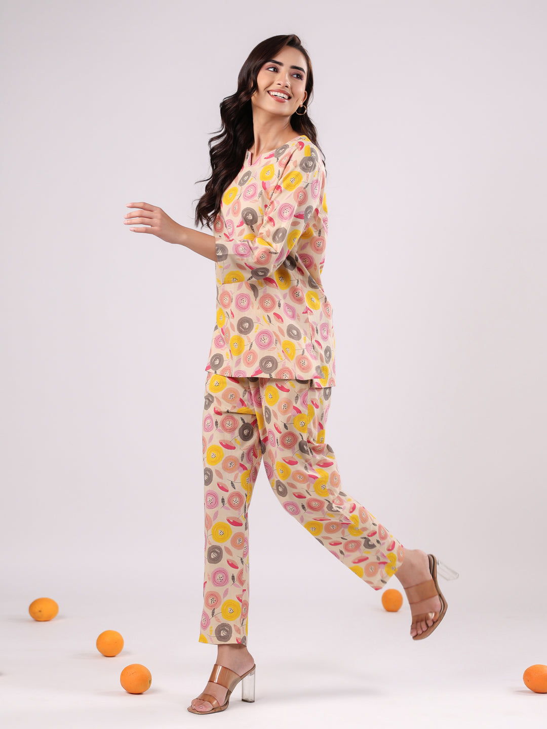 Pink Flower Printed Night Suit Set