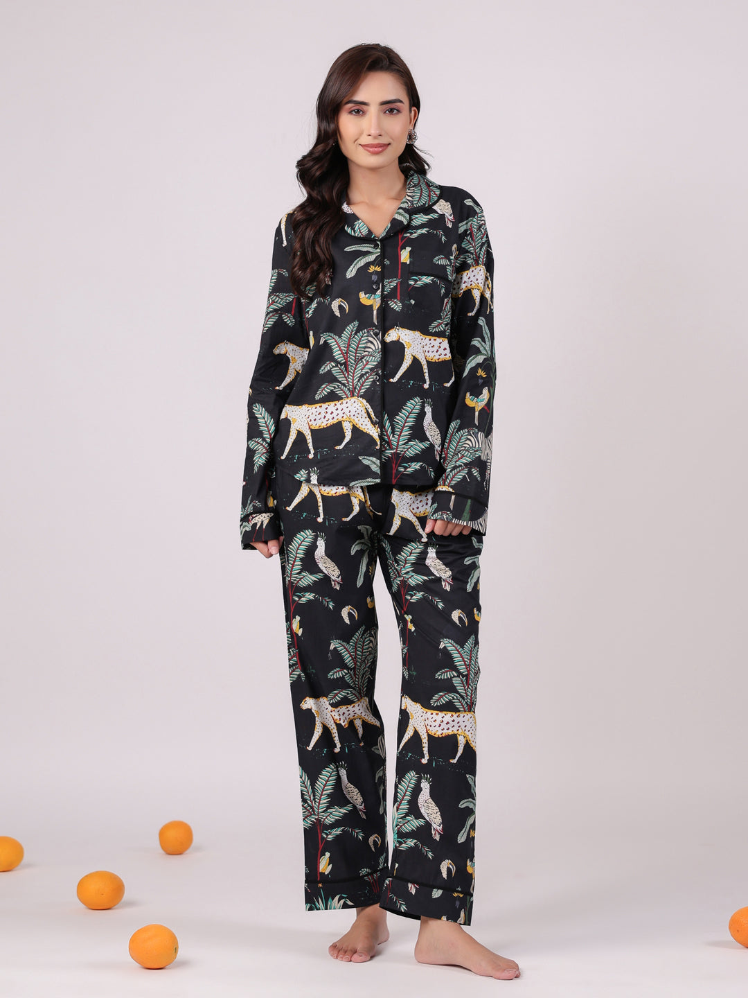 Black Animal Printed Night Suit Set for Women