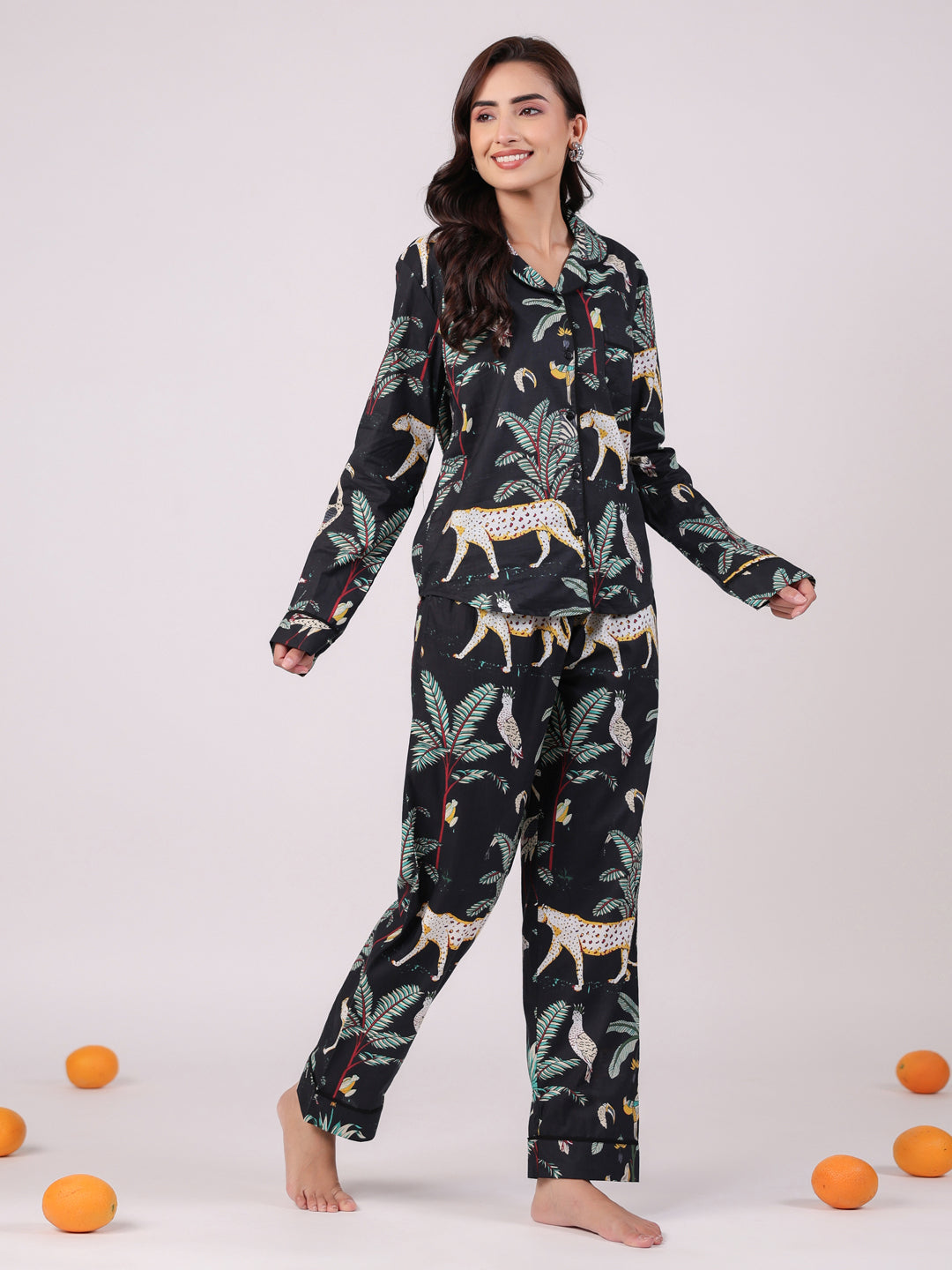 Black Animal Printed Night Suit Set for Women