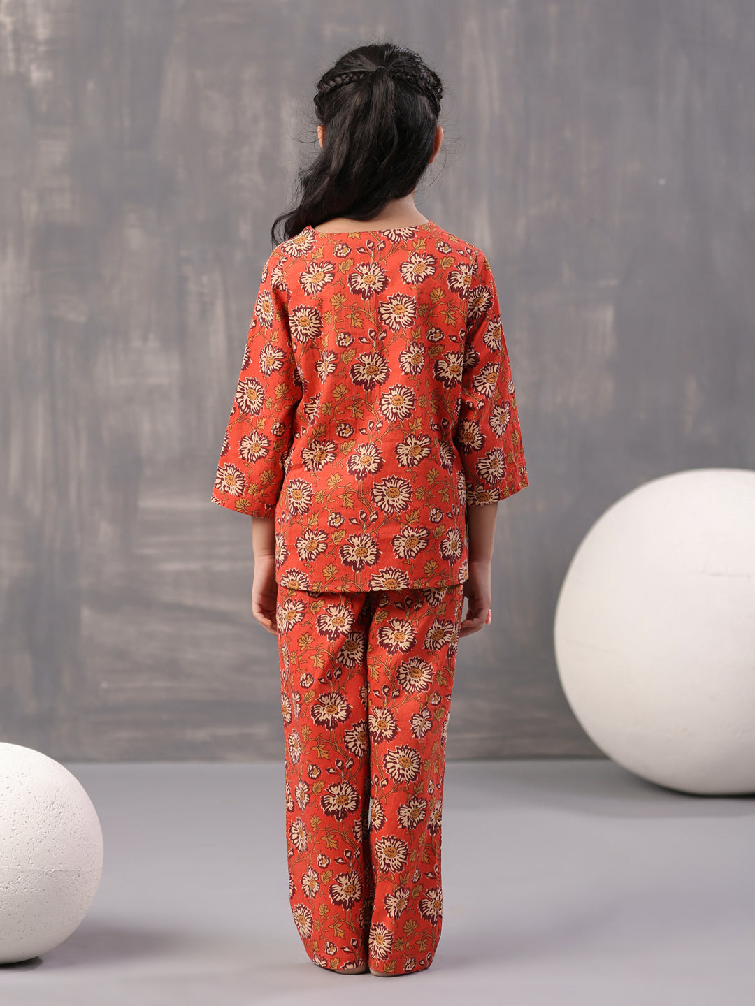 Orange Flower Printed Cotton Kids Night Suits