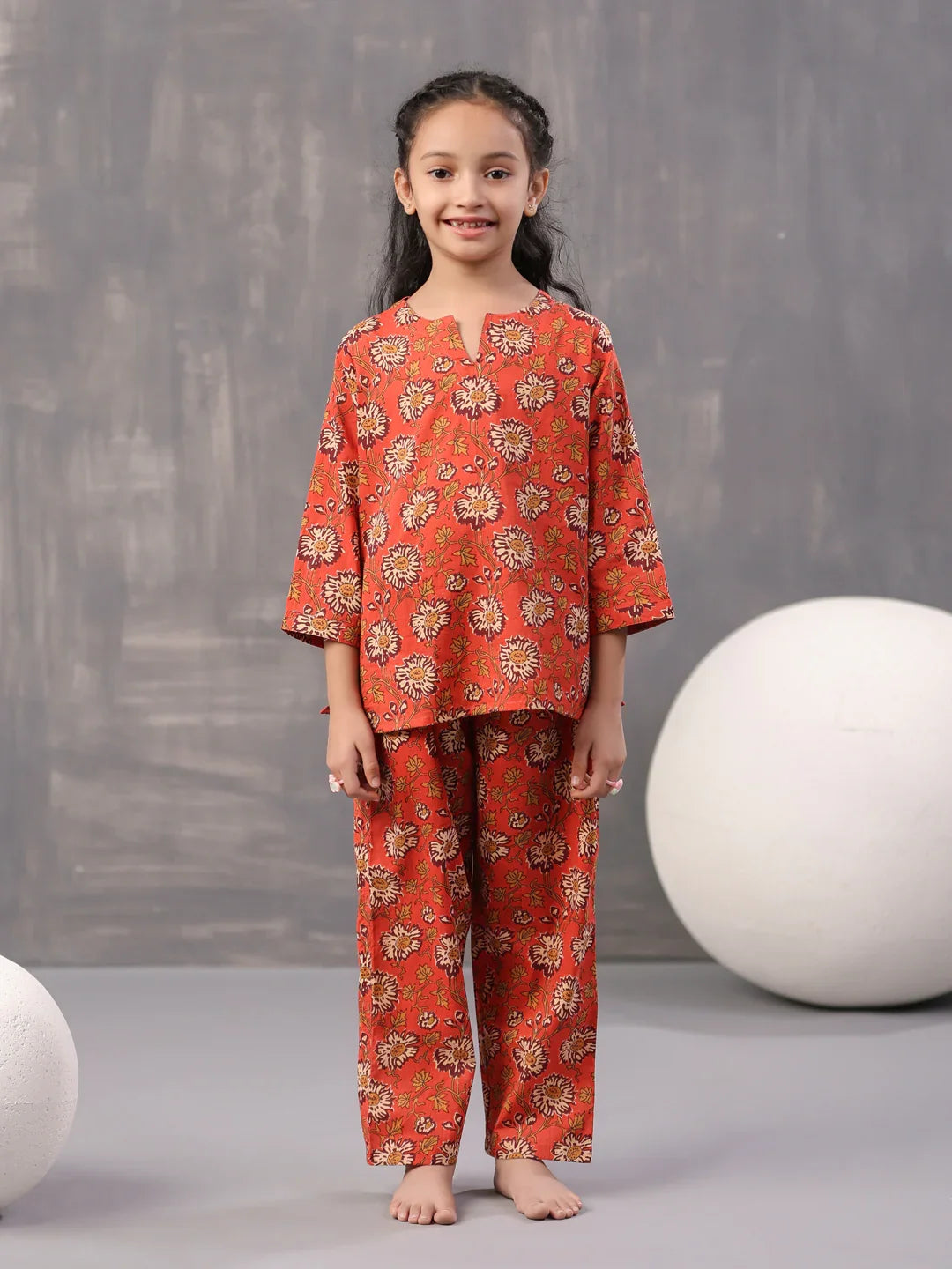 Orange Flower Printed Cotton Kids Night Suits - SanskrutiHomes
