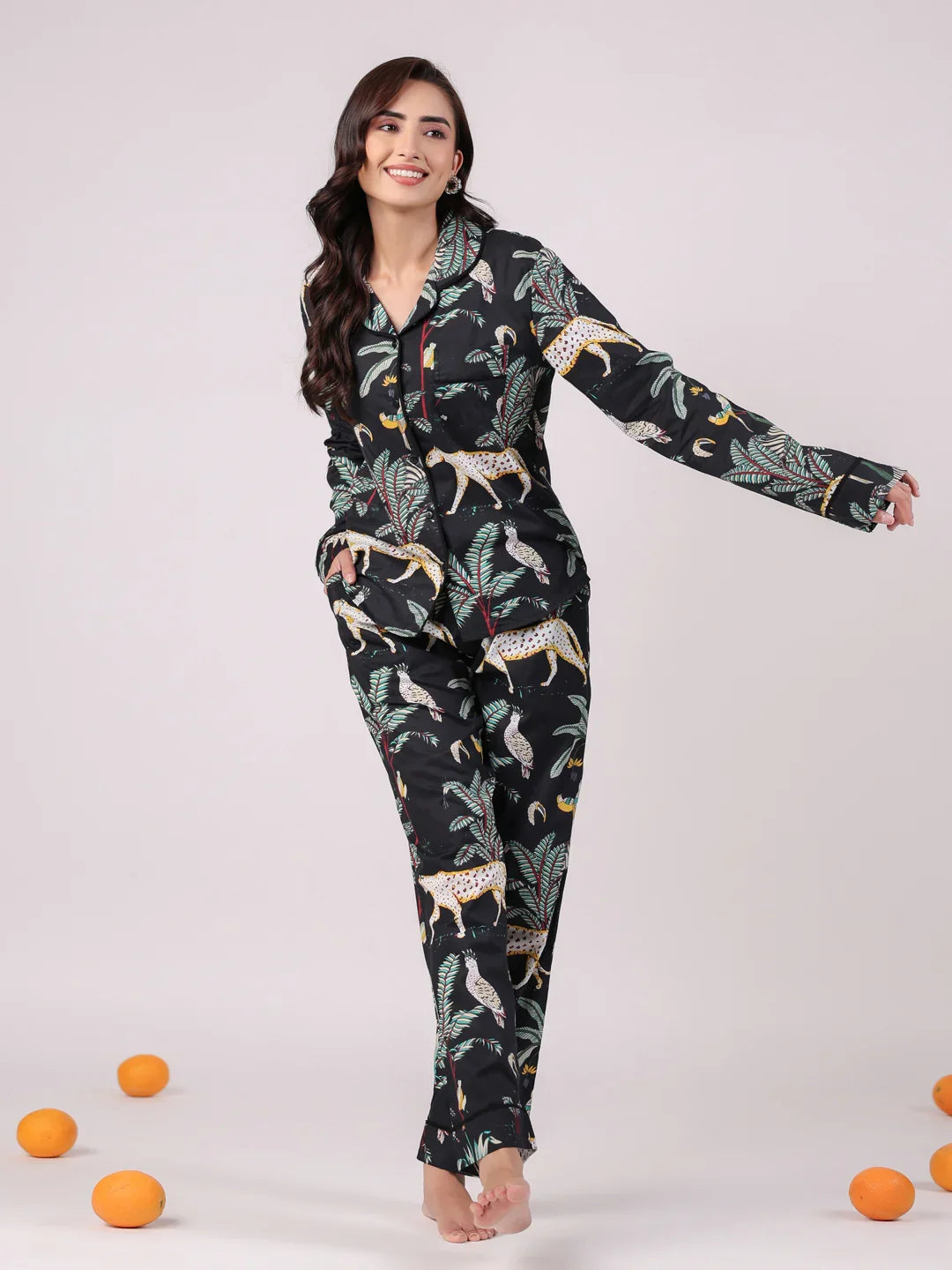 Black Animal Printed Night Suit Set for Women - SanskrutiHomes