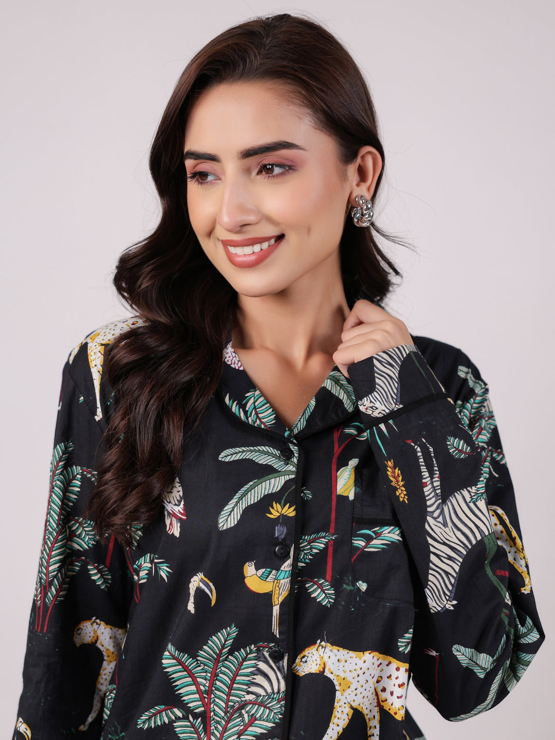 Black Animal Printed Night Suit Set for Women