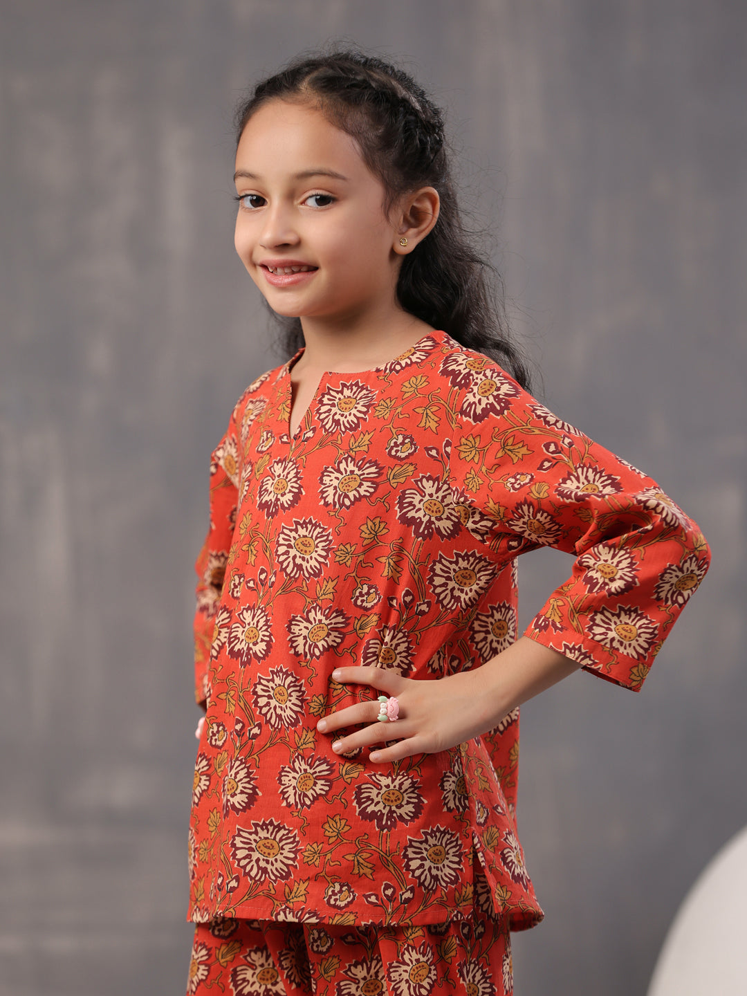 Orange Flower Printed Cotton Kids Night Suits - SanskrutiHomes