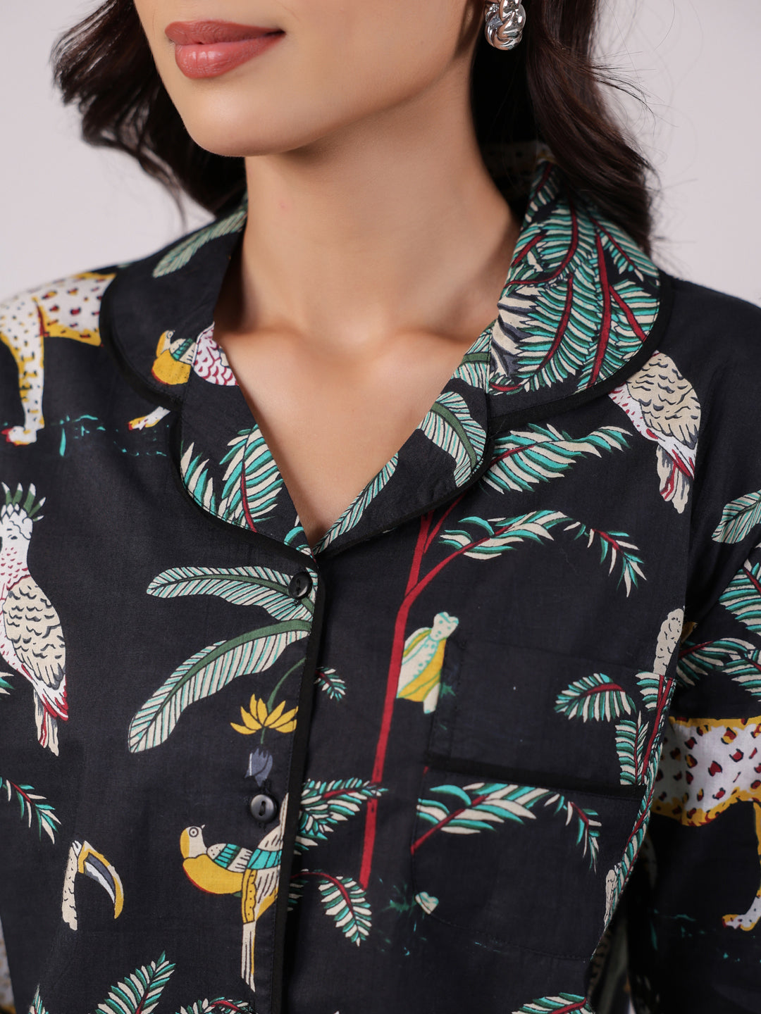 Black Animal Printed Night Suit Set for Women