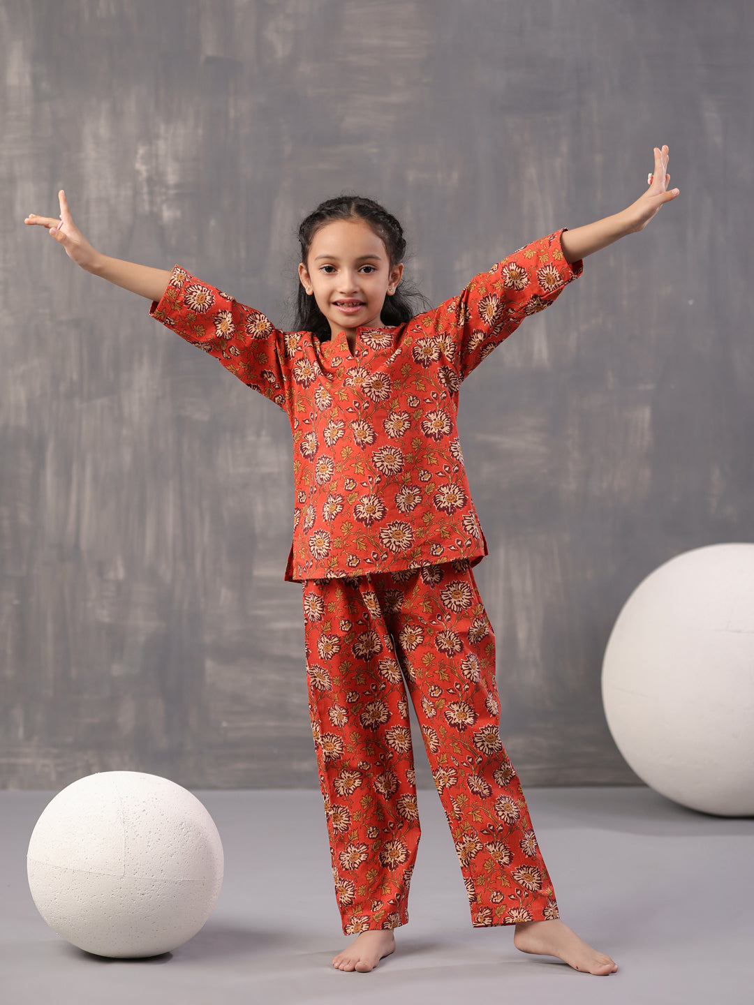 Orange Flower Printed Cotton Kids Night Suits - SanskrutiHomes