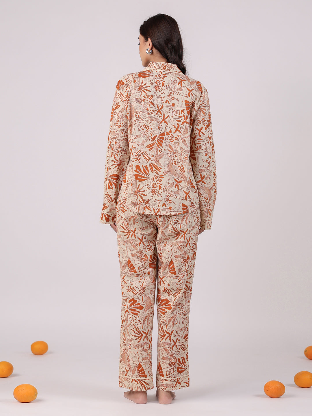 Orange Flower Printed Cotton Night Suit