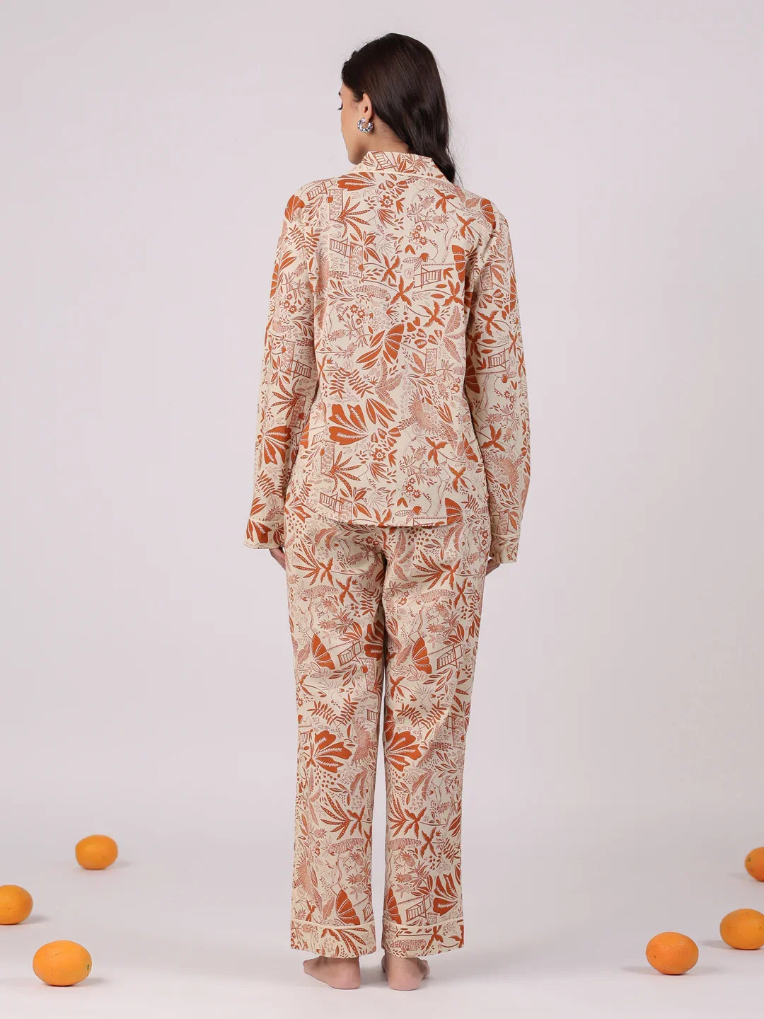 Orange Flower Printed Cotton Night Suit - SanskrutiHomes