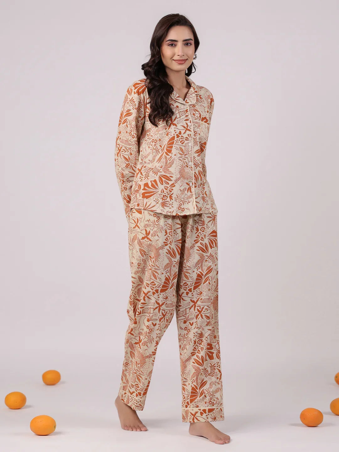 Orange Flower Printed Cotton Night Suit - SanskrutiHomes