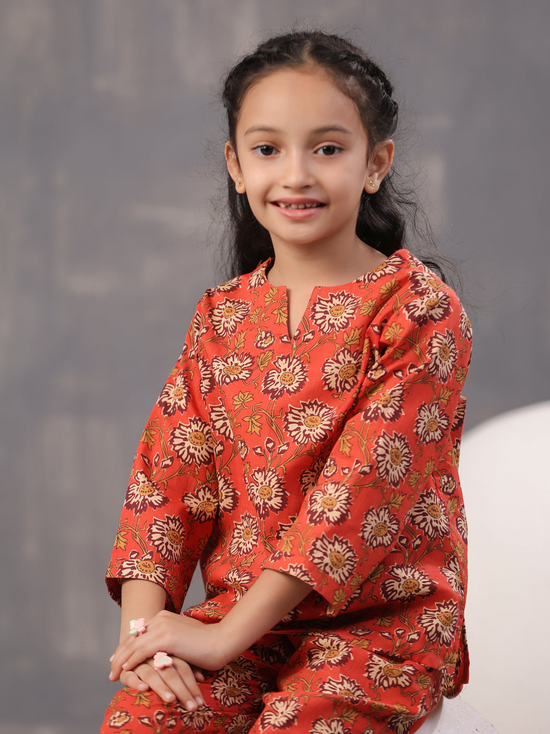 Orange Flower Printed Cotton Kids Night Suits