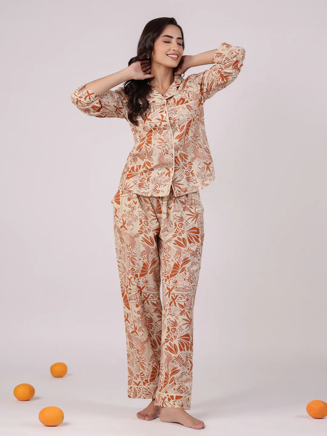 Orange Flower Printed Cotton Night Suit - SanskrutiHomes