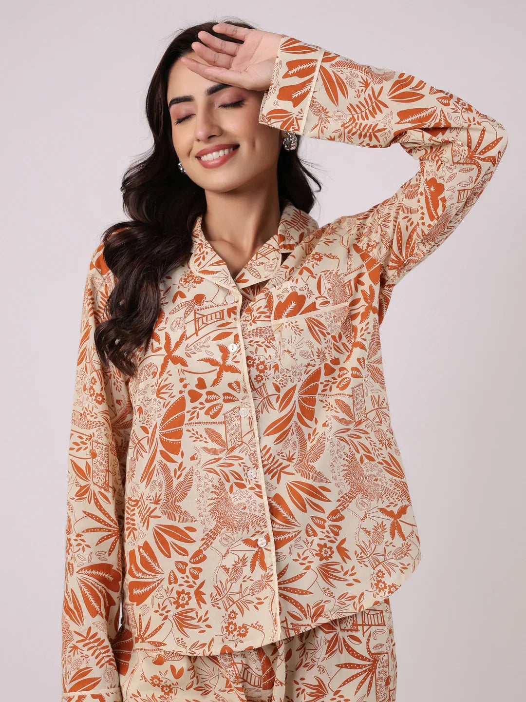 Orange Flower Printed Cotton Night Suit - SanskrutiHomes