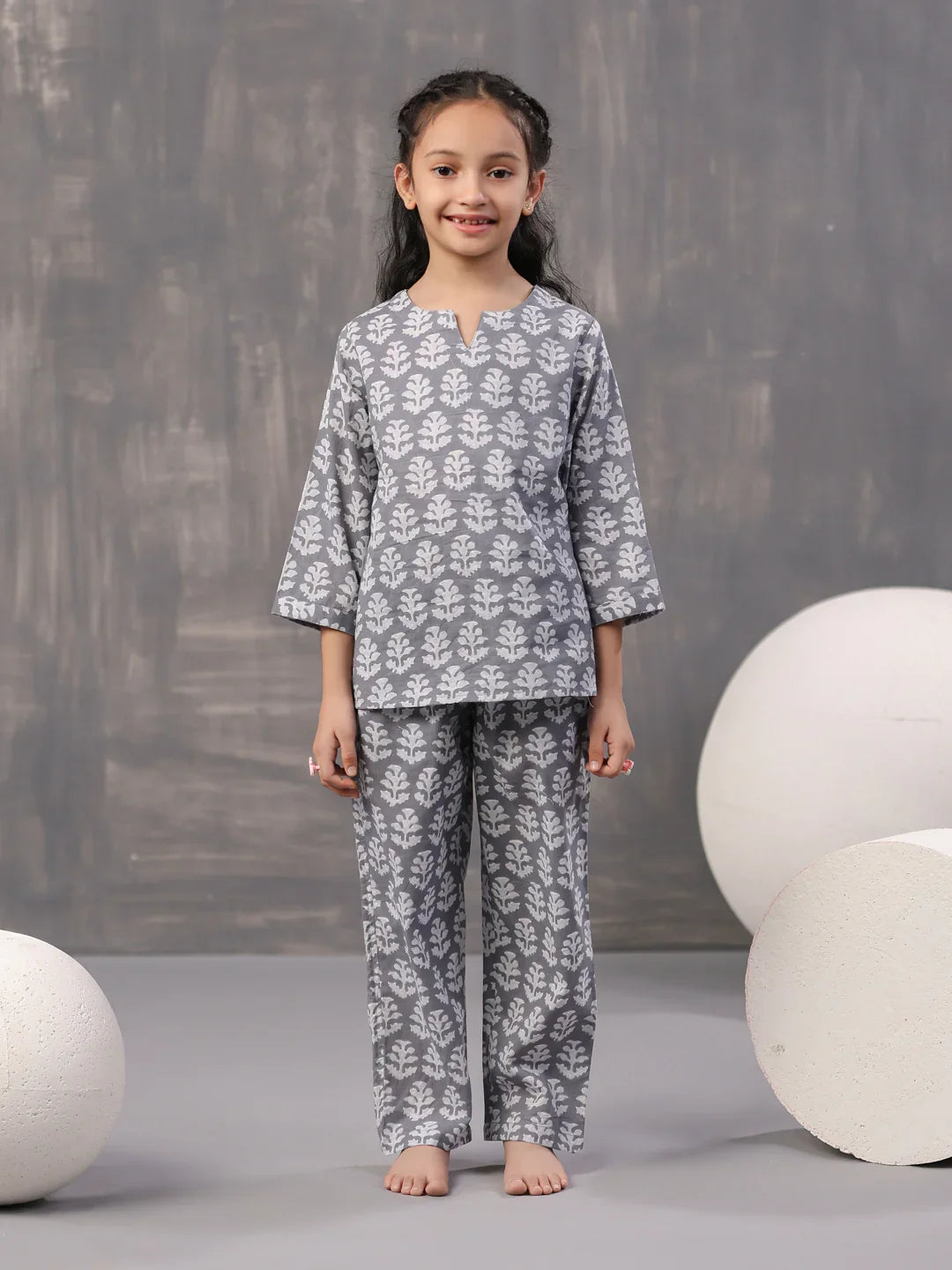 Flower Printed Cotton Kids Night Suit - SanskrutiHomes