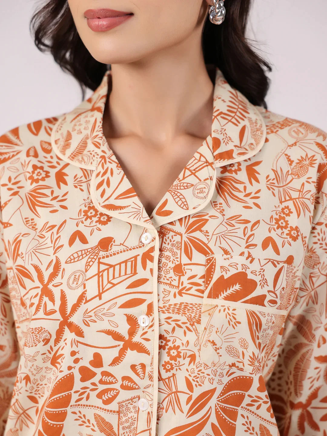 Orange Flower Printed Cotton Night Suit - SanskrutiHomes