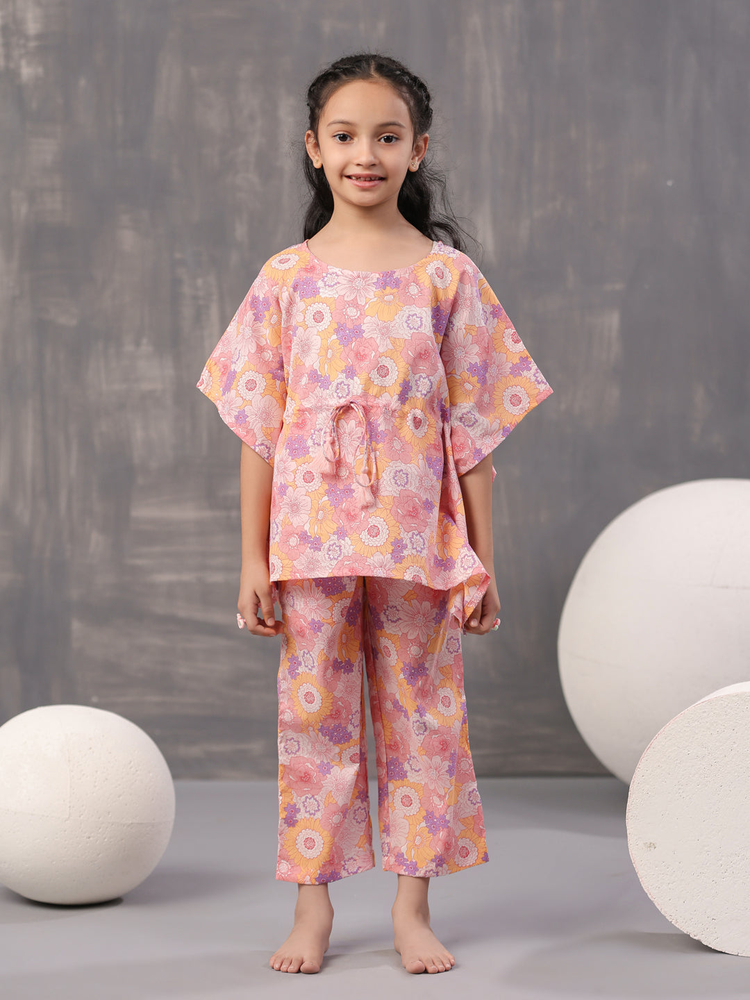 Multi Floral Printed Cotton Night Suit For Kids