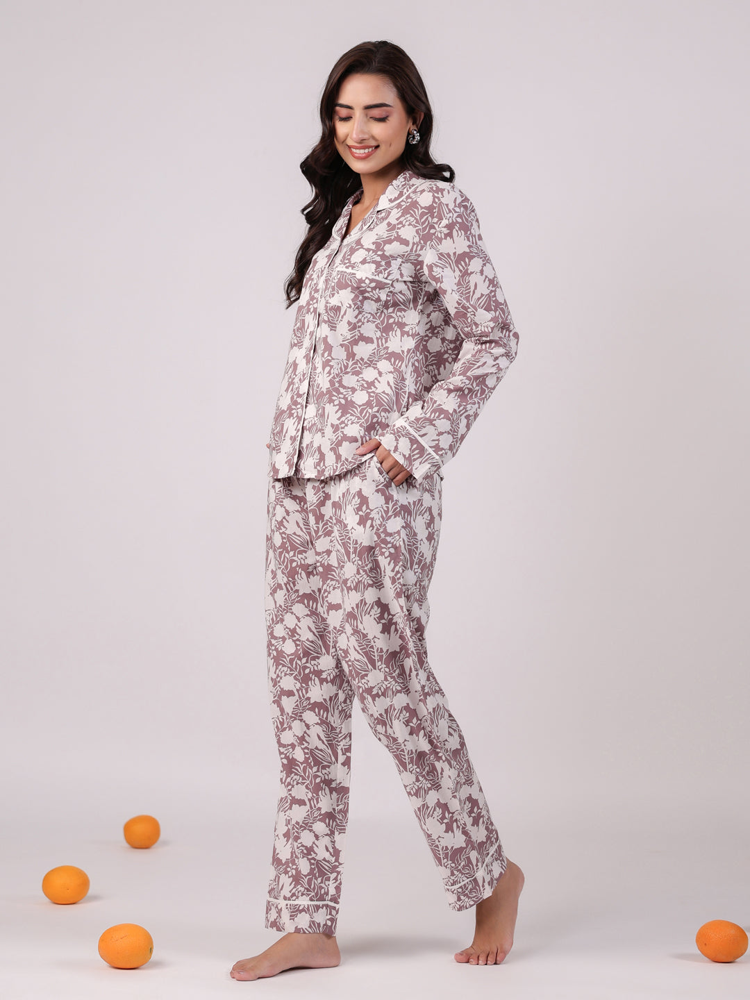 White Flower Printed Night Suit Set