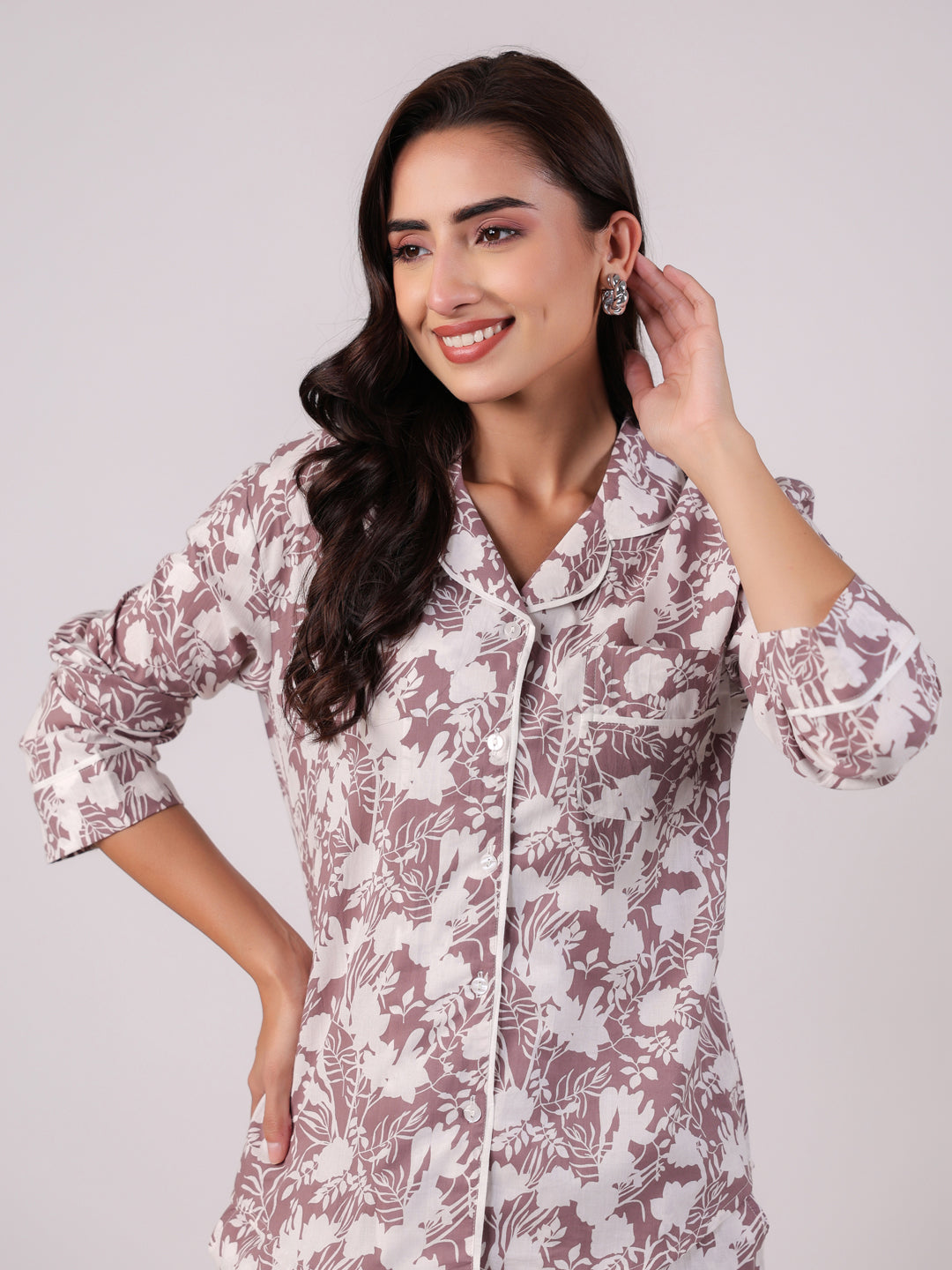 White Flower Printed Night Suit Set