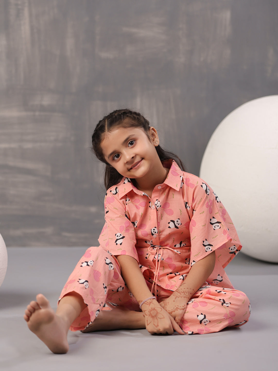 Floral Panda Printed Cotton Kids Night Suits