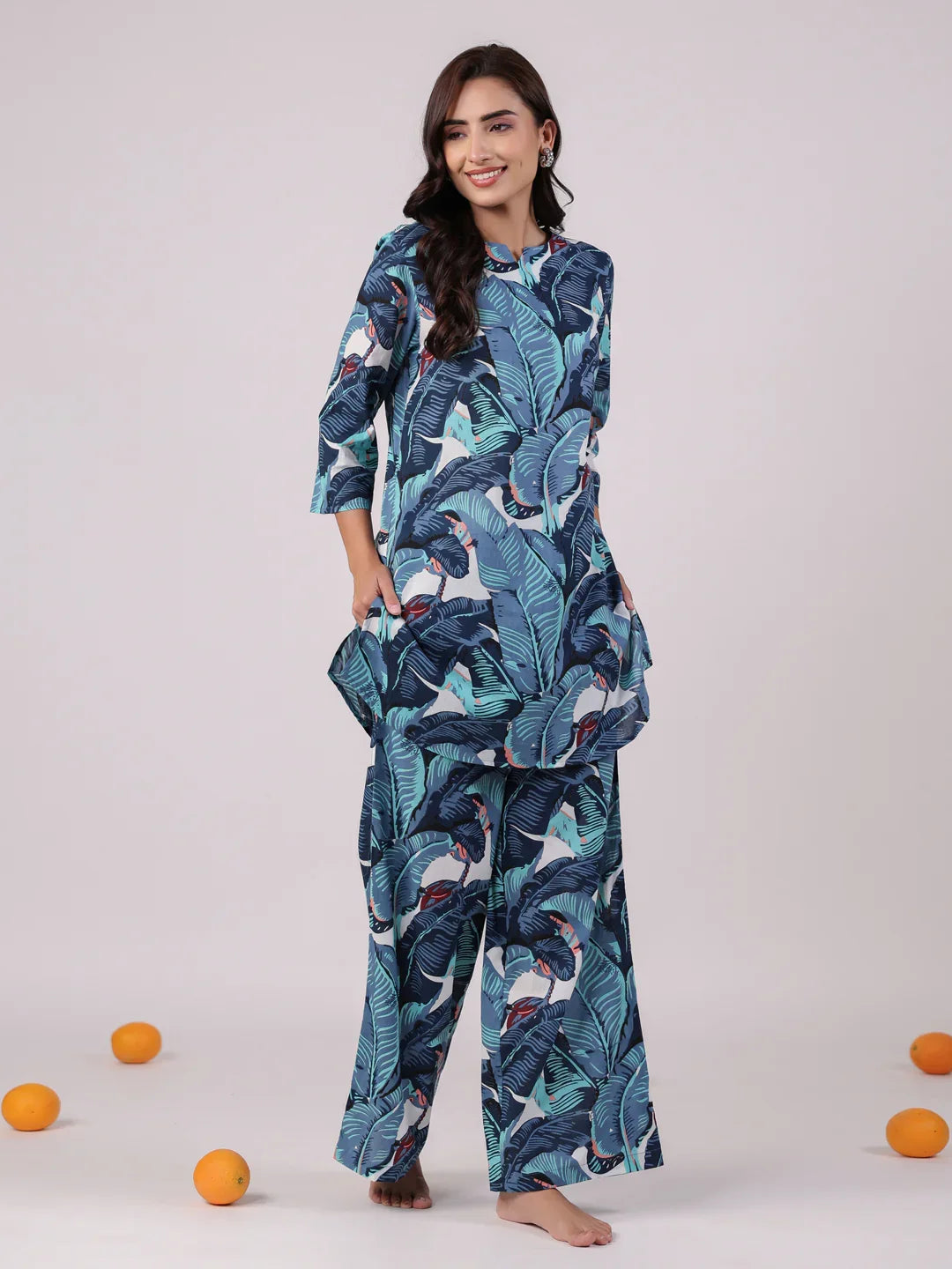 Blue Printed Cotton Night Suit Set - SanskrutiHomes
