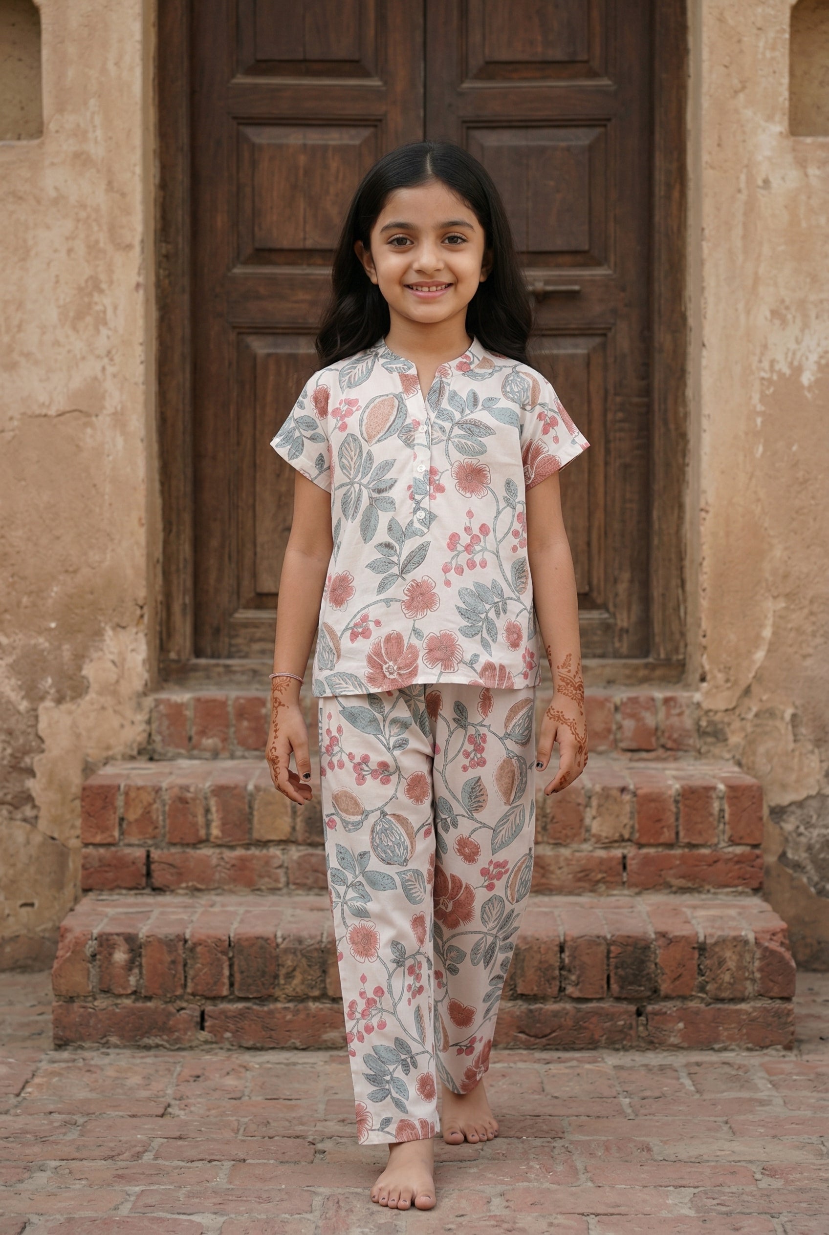Multi Color Leaf Print Round Neck Cotton Night Suit For Kids