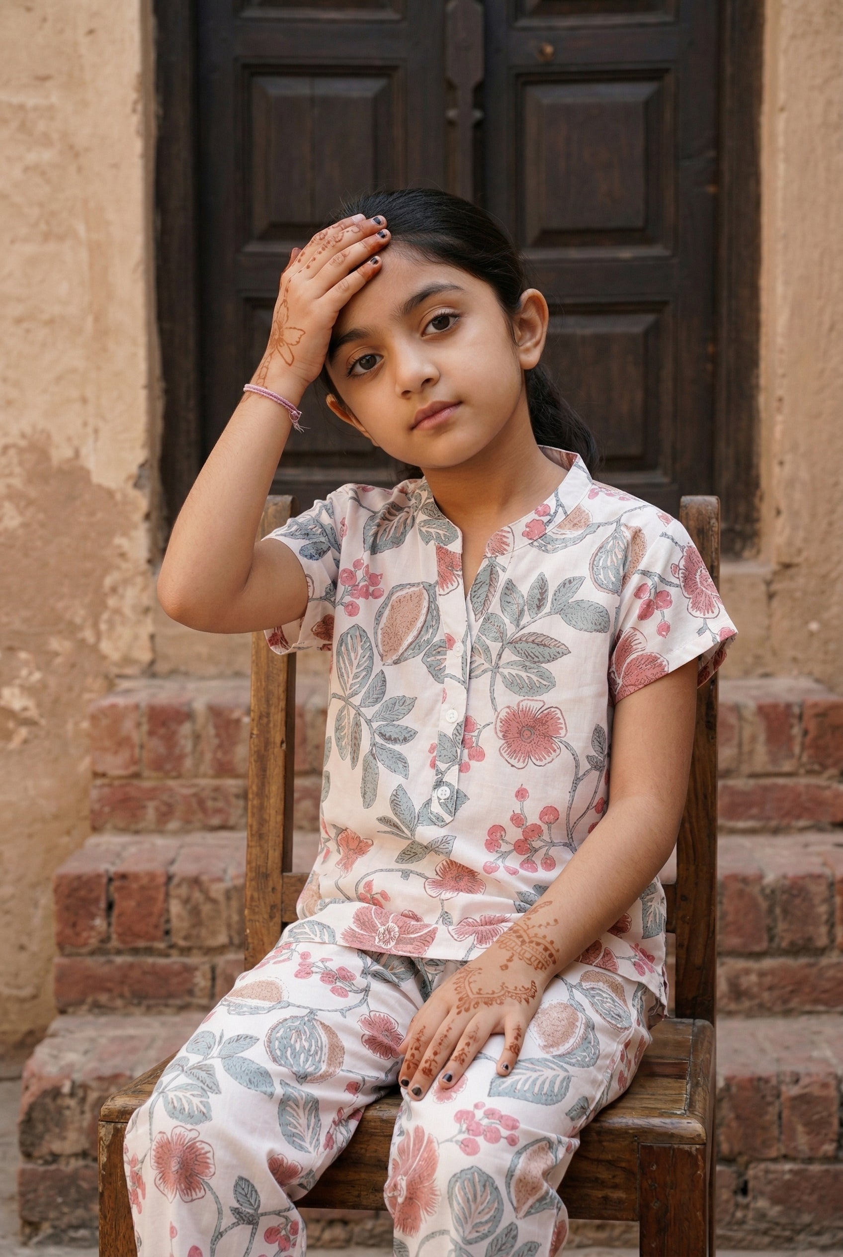 Multi Color Leaf Print Round Neck Cotton Night Suit For Kids