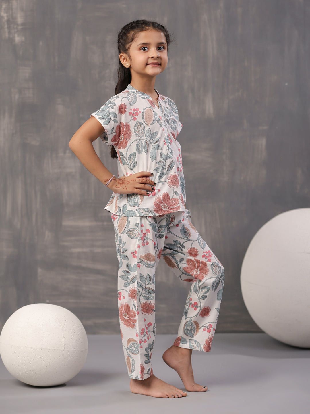 Multi Flower and Leaf Printed Cotton Kids Night Suits - SanskrutiHomes