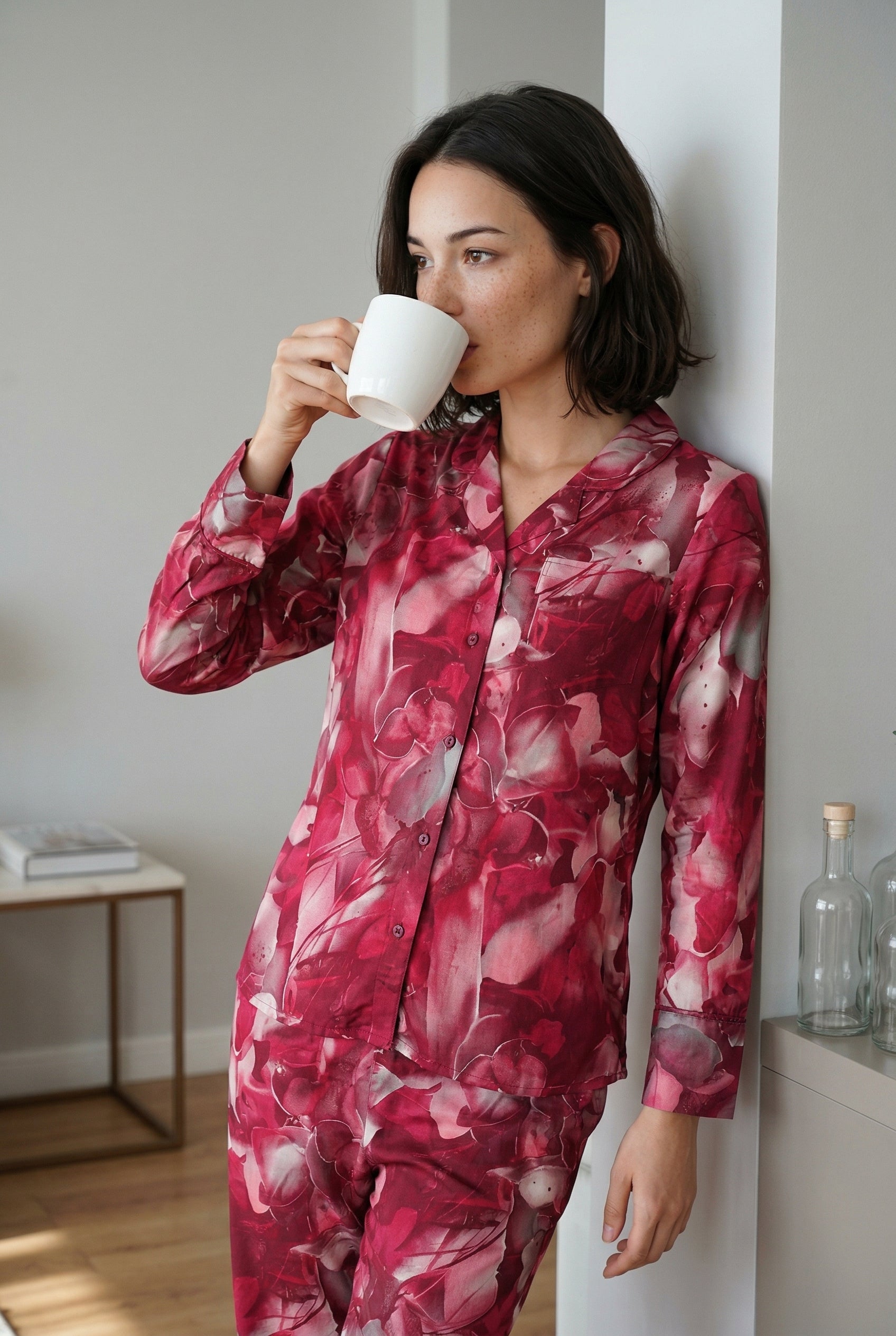 Magenta Lapel Collar Abstract Print Cotton Night Suit For Women