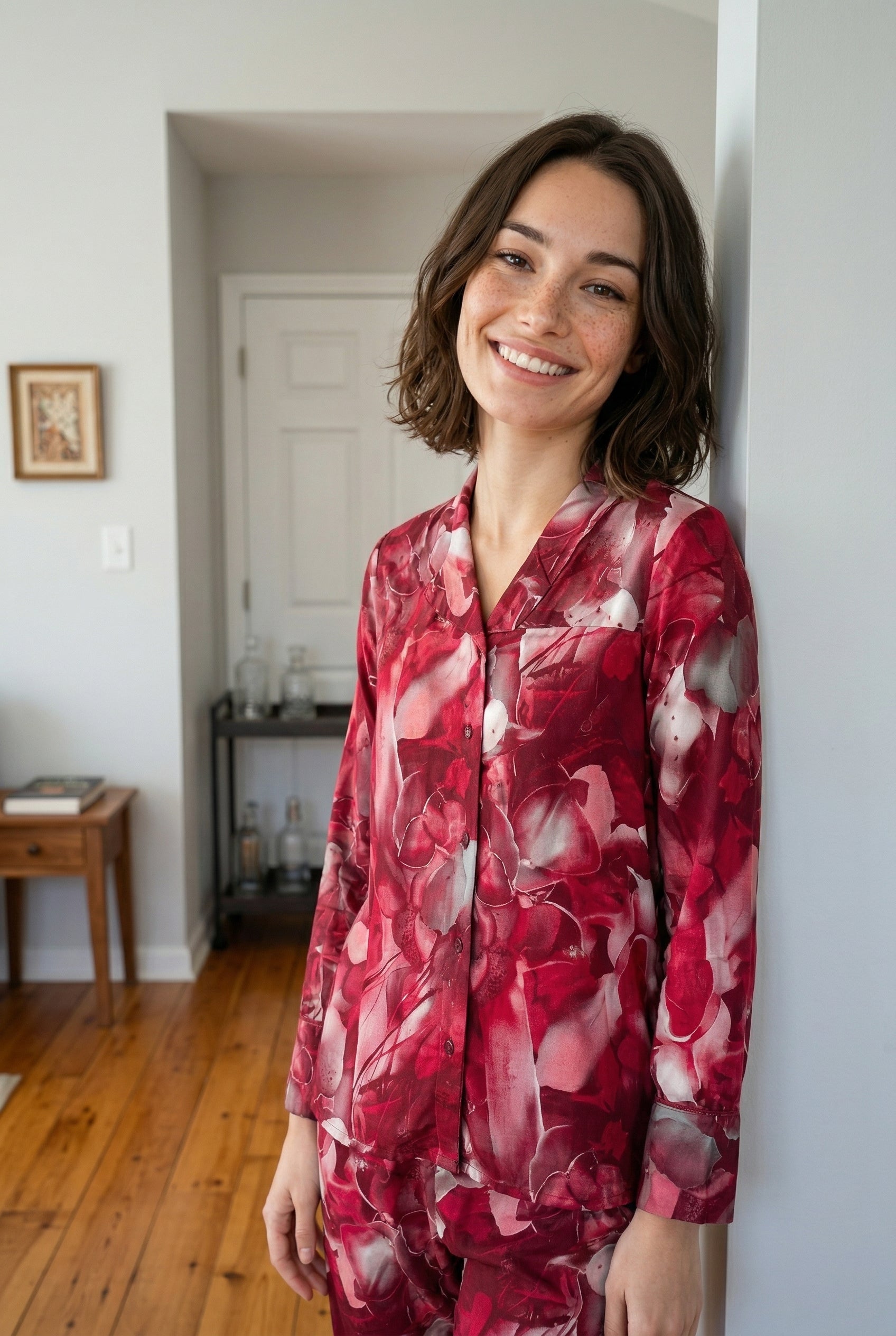 Magenta Lapel Collar Abstract Print Cotton Night Suit For Women