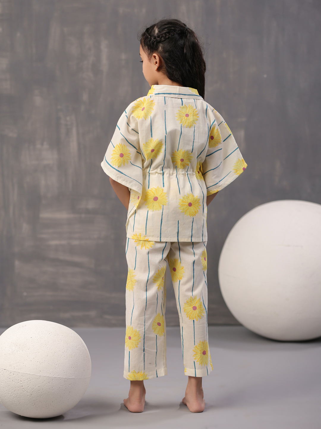 Yellow Floral Printed Cotton Night Suit for Kids