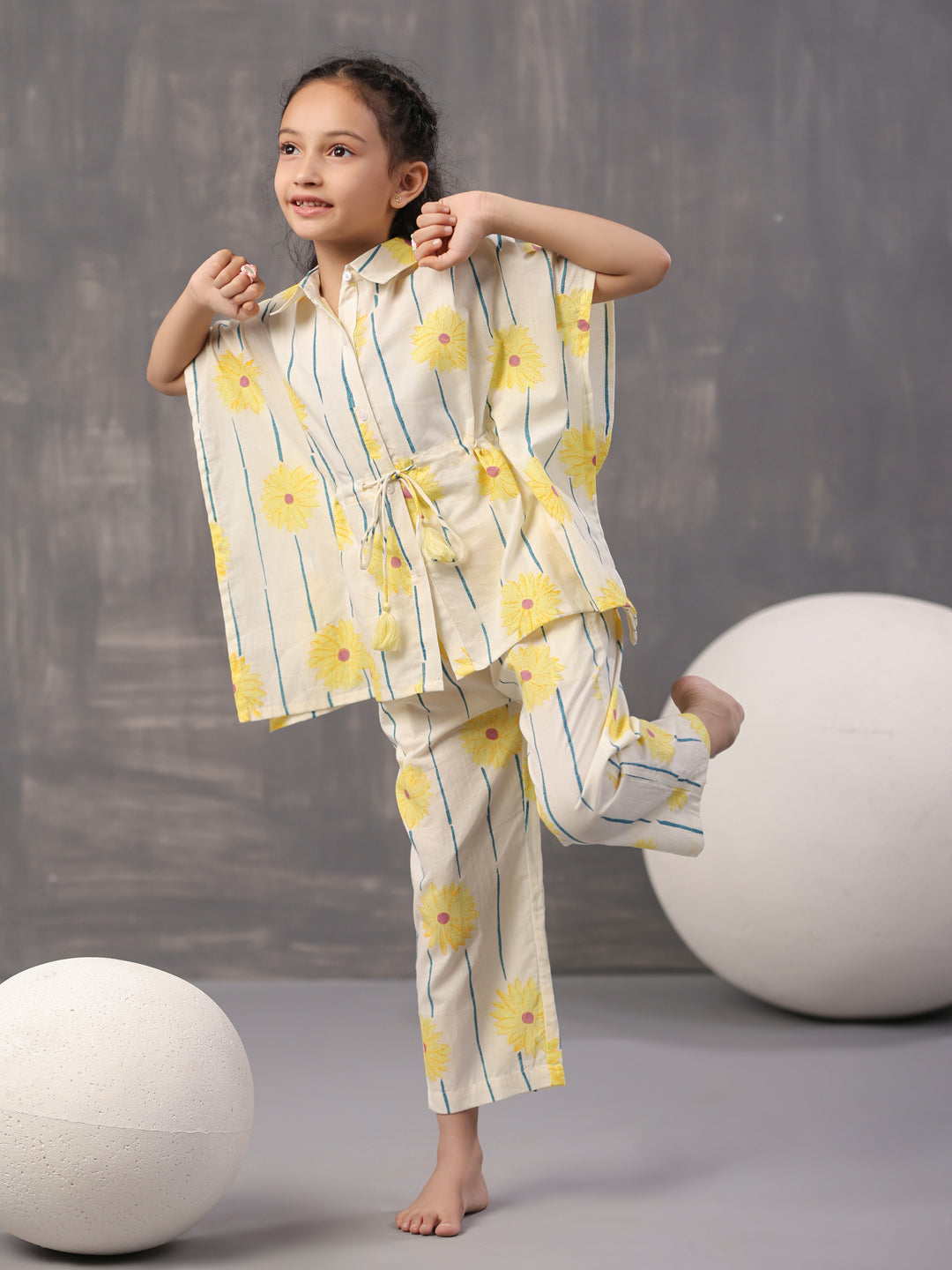 Yellow Floral Printed Cotton Night Suit for Kids