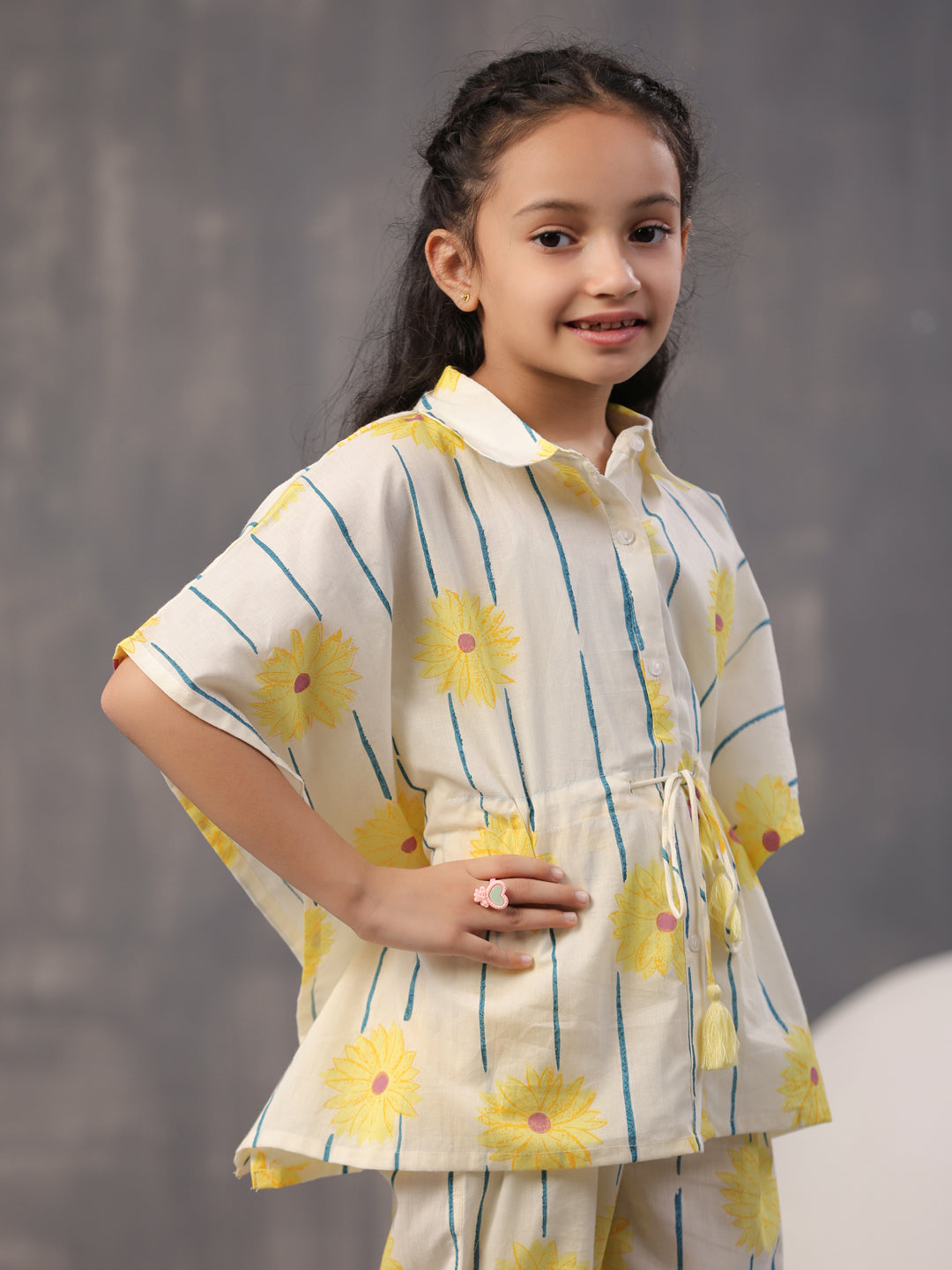 Yellow Floral Printed Cotton Night Suit for Kids