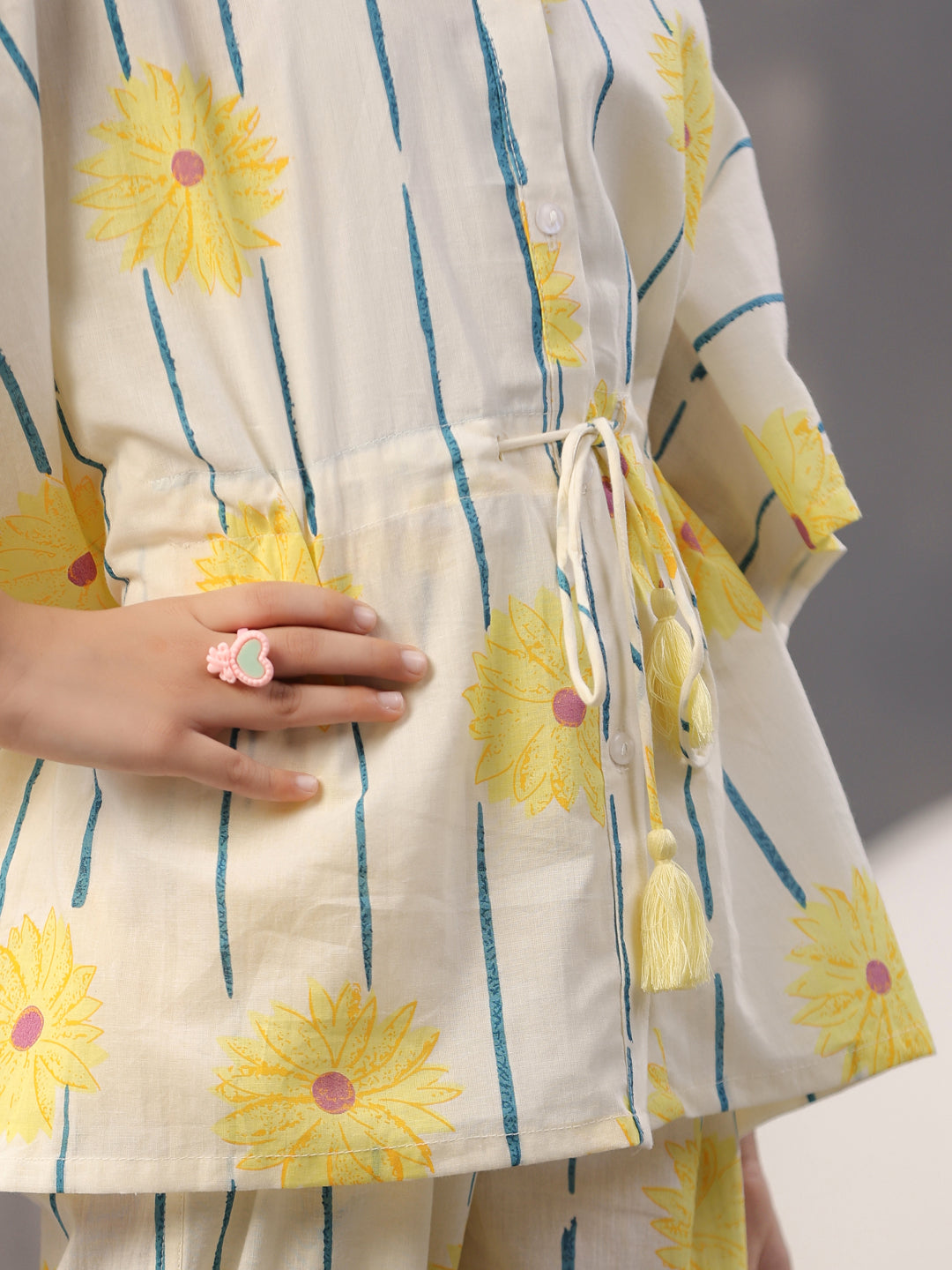Yellow Floral Printed Cotton Night Suit for Kids