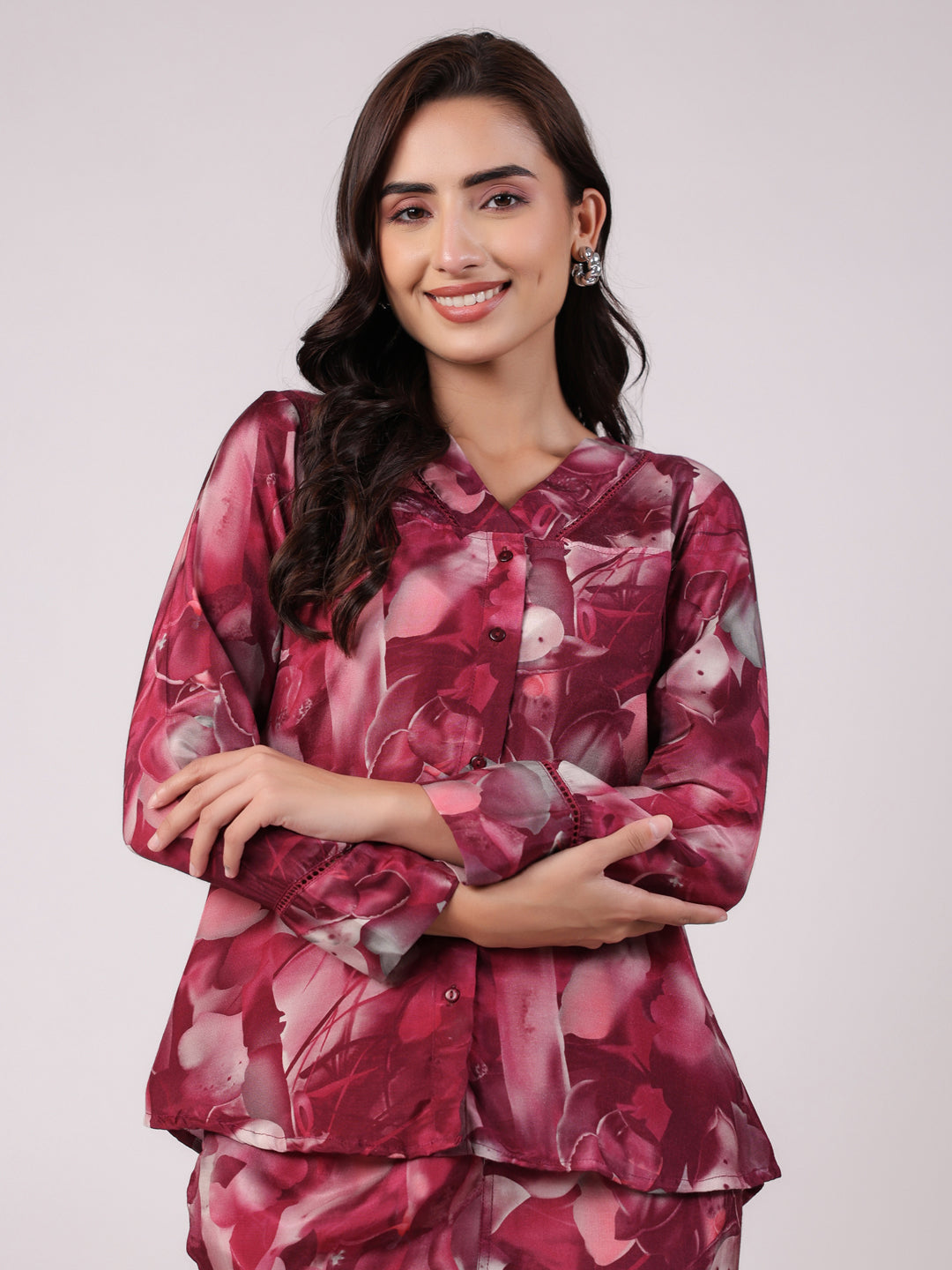 Floral Printed Megenta Color Night Suit Set - SanskrutiHomes