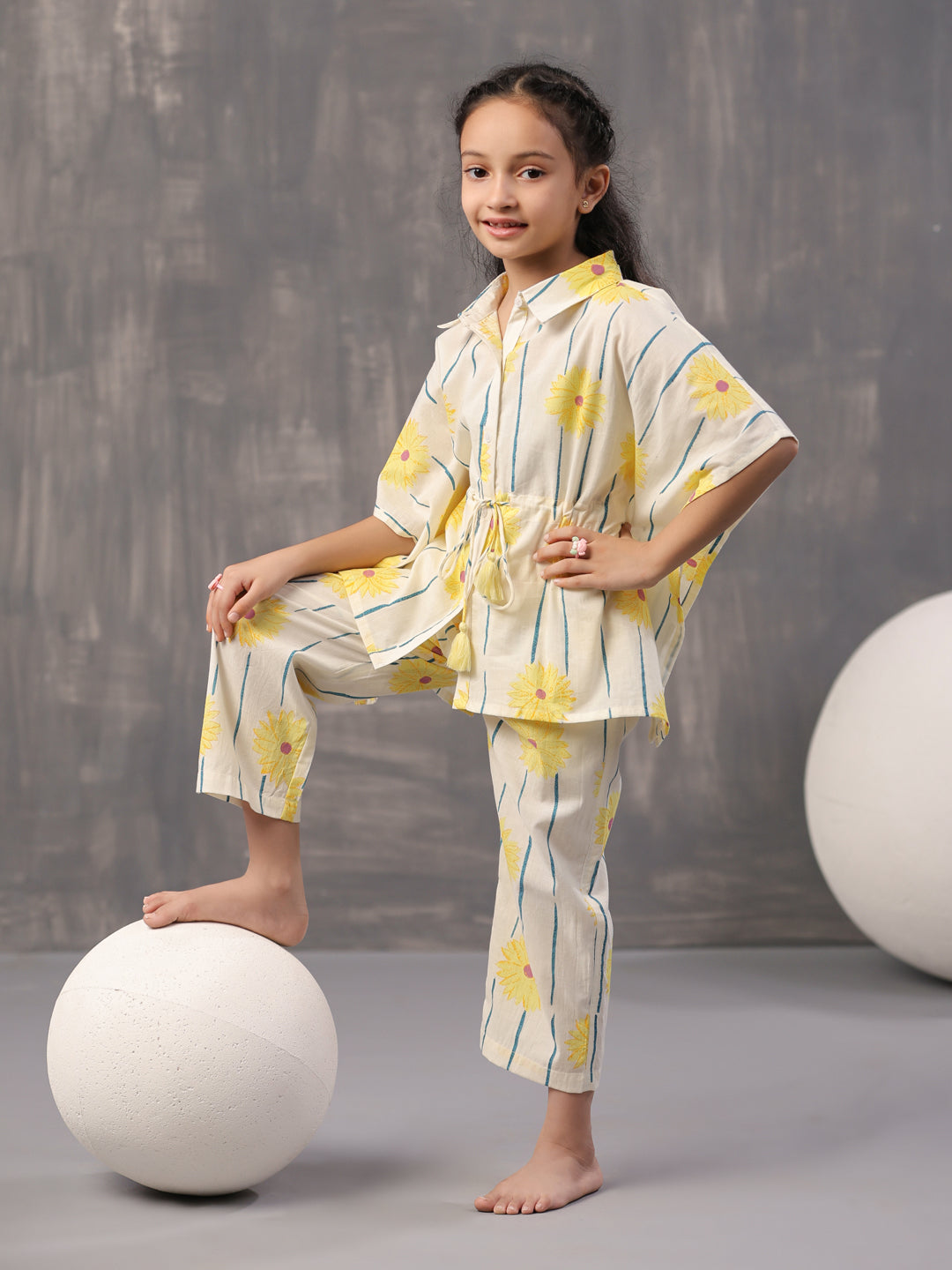 Yellow Floral Printed Cotton Night Suit for Kids