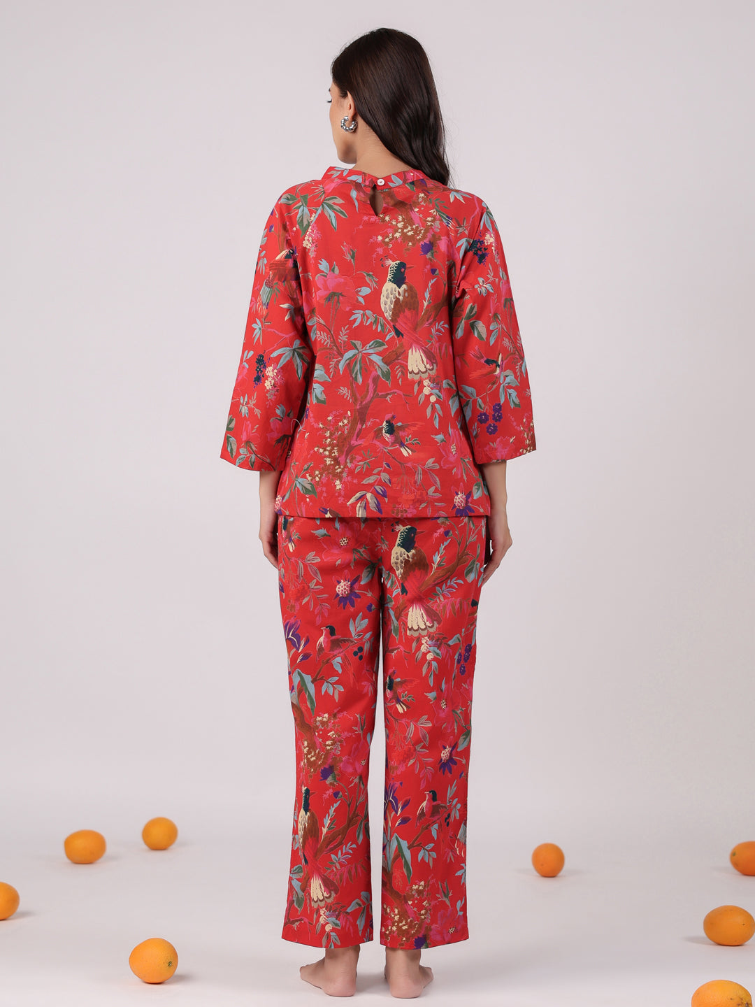 Red Flower Round Neck Night Suit Set - SanskrutiHomes