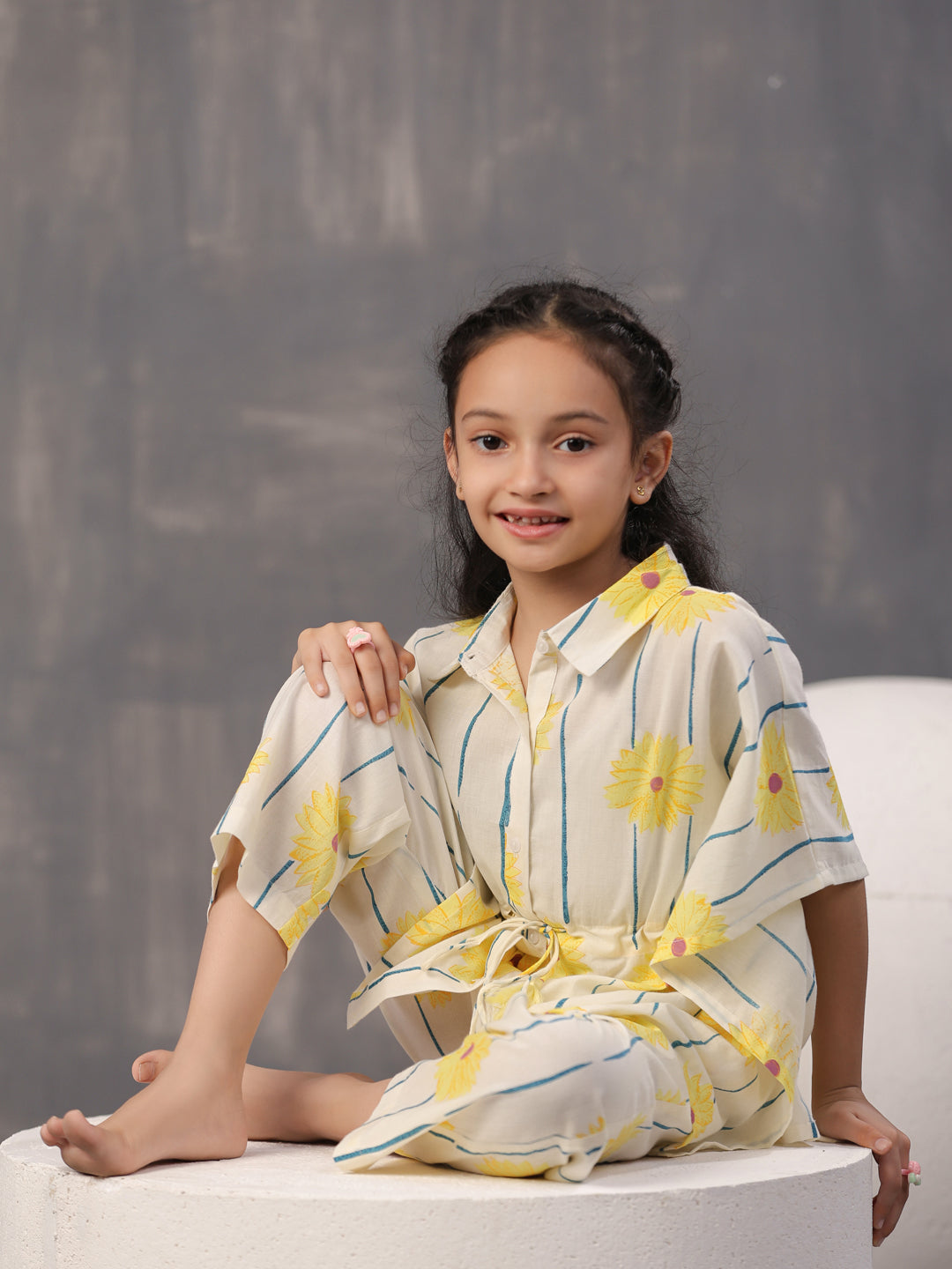 Yellow Floral Printed Cotton Night Suit for Kids