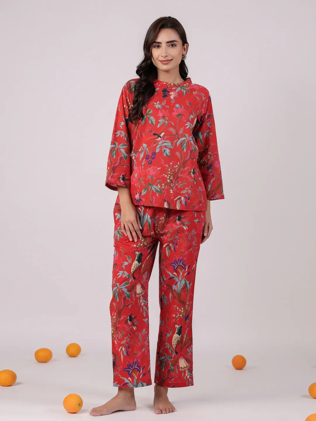Red Flower Round Neck Night Suit Set - SanskrutiHomes