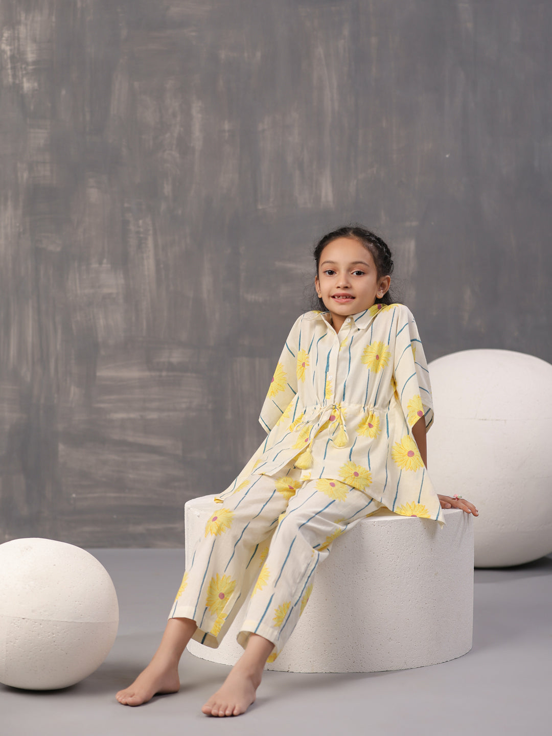 Yellow Floral Printed Cotton Night Suit for Kids