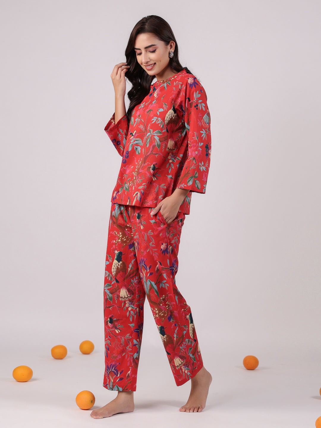 Red Flower Round Neck Night Suit Set - SanskrutiHomes