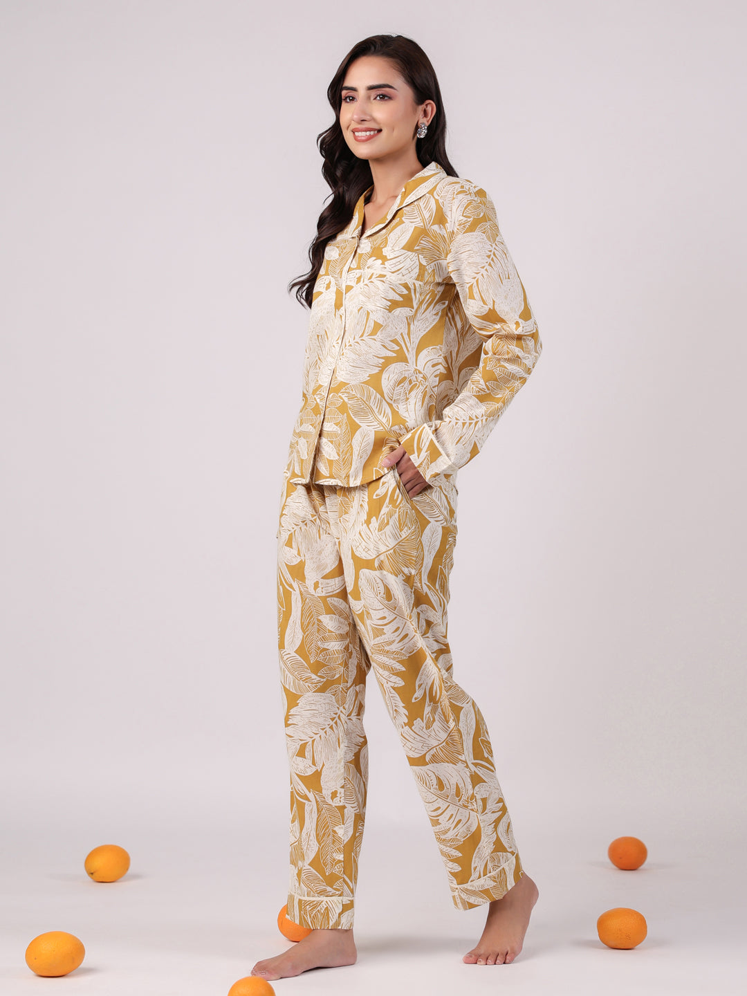 Yellow Cotton Printed Night Suit Set
