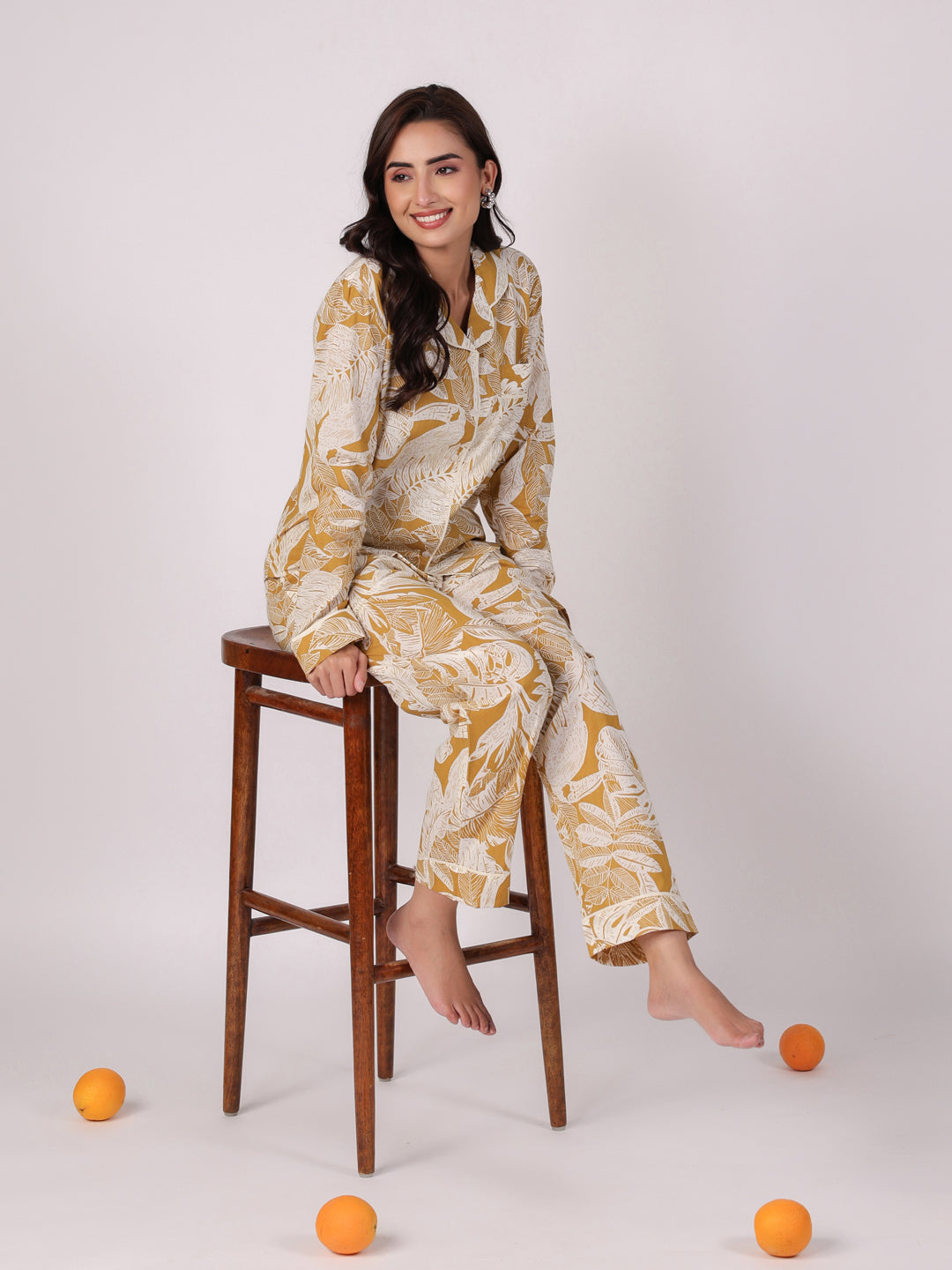 Yellow Cotton Printed Night Suit Set