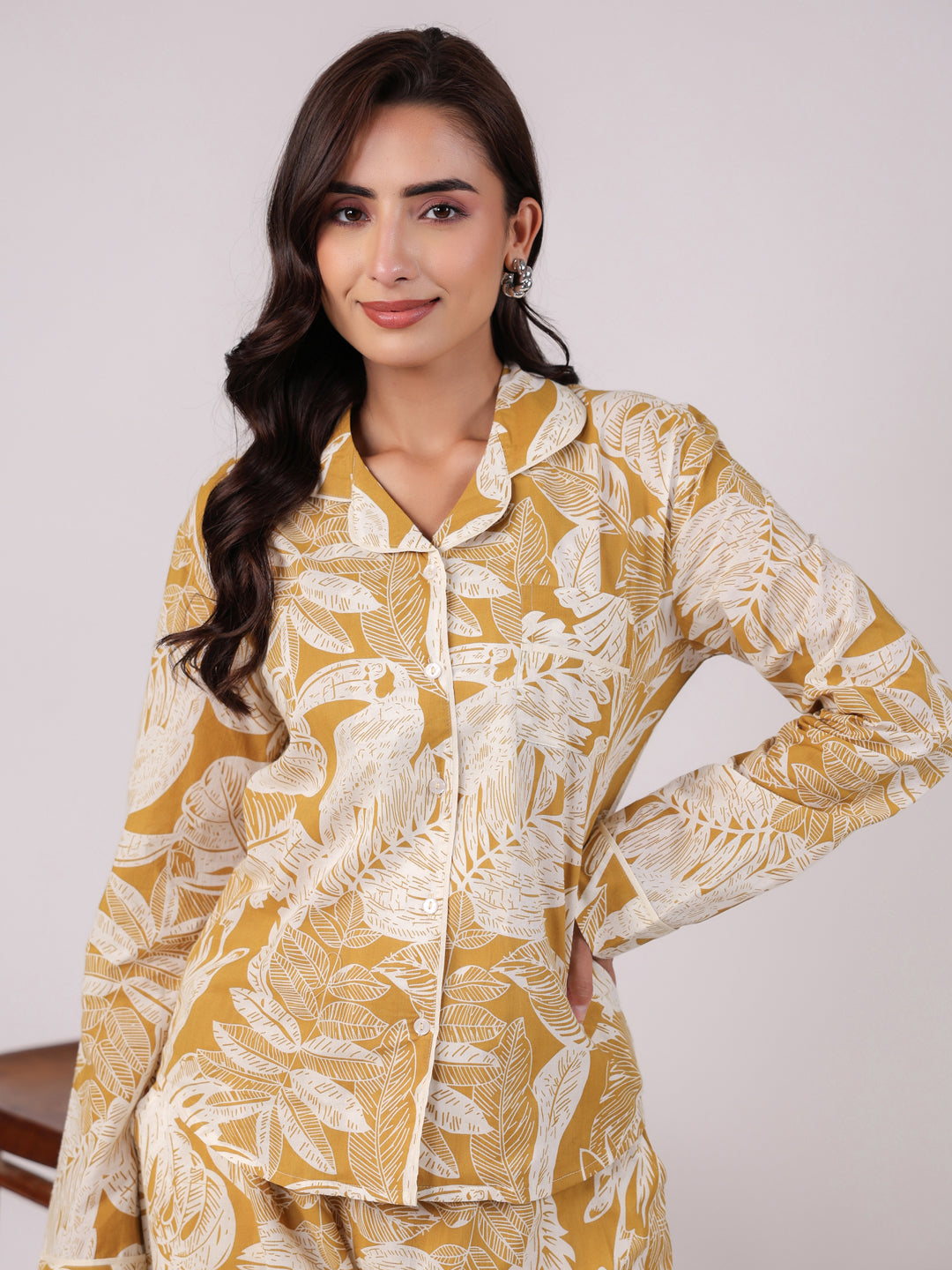 Yellow Cotton Printed Night Suit Set