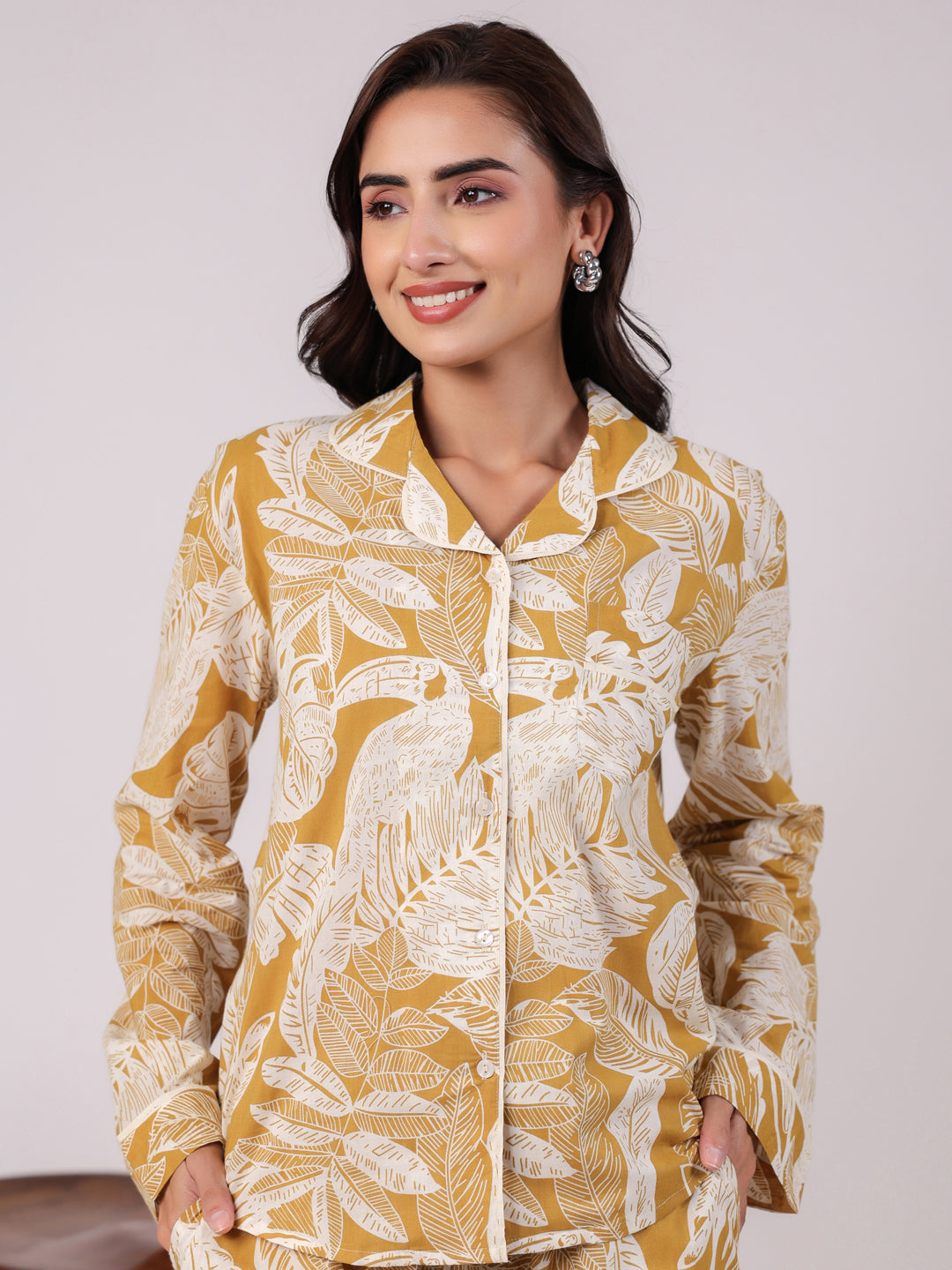Yellow Cotton Printed Night Suit Set