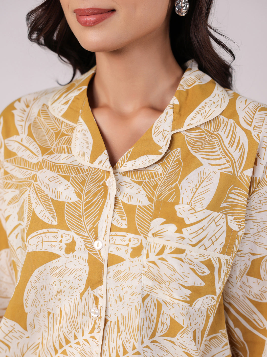 Yellow Cotton Printed Night Suit Set