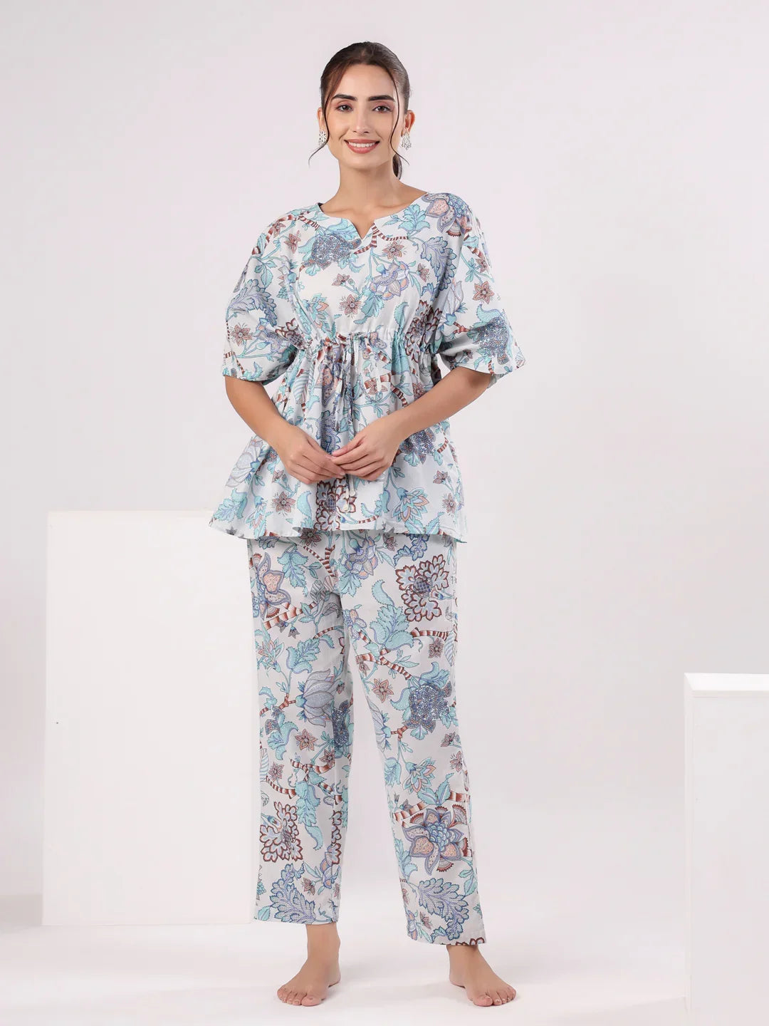 Blue Printed Kaftan Night Suit Set for Women - SanskrutiHomes