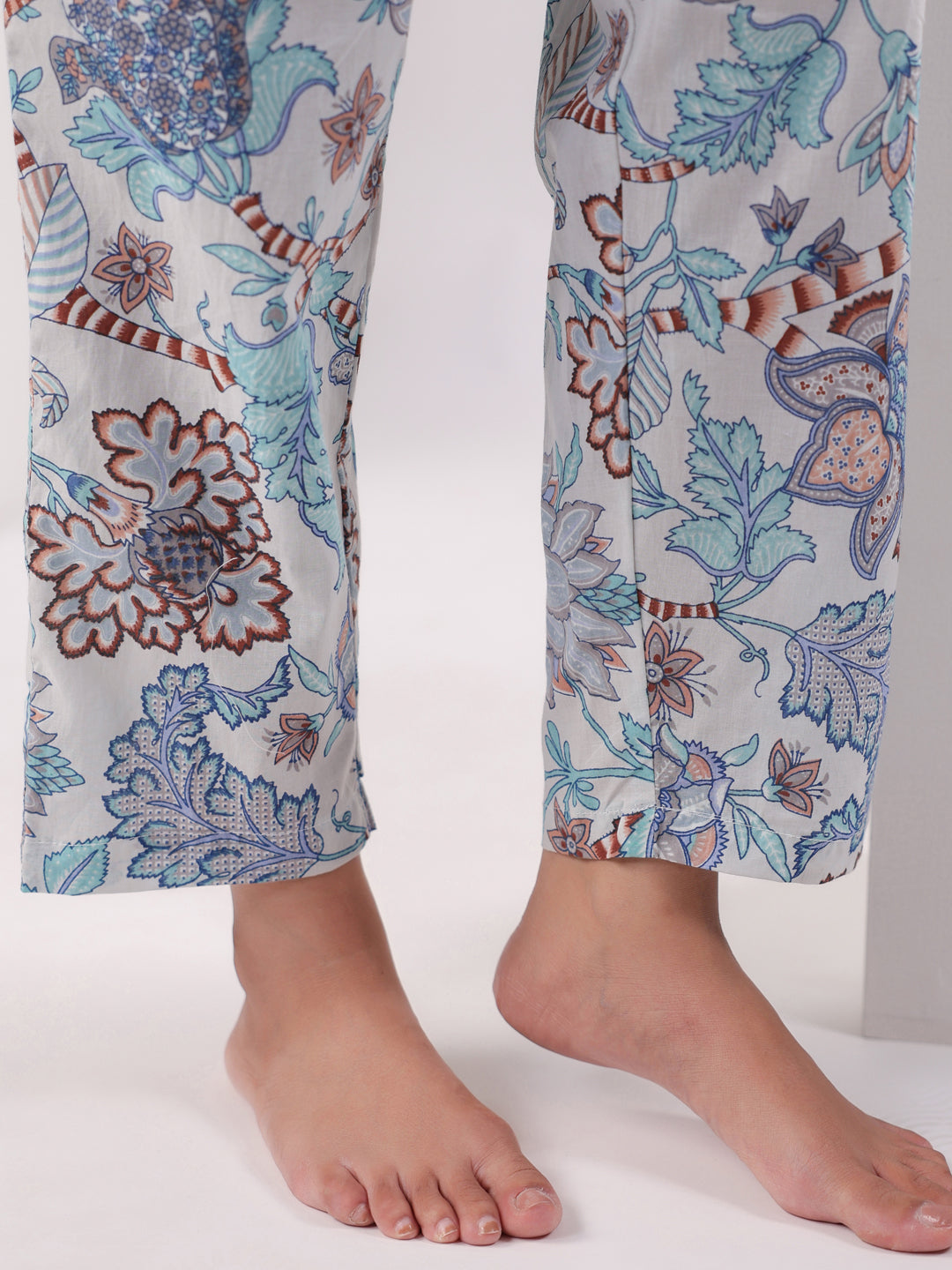 Blue Printed Kaftan Night Suit Set for Women - SanskrutiHomes