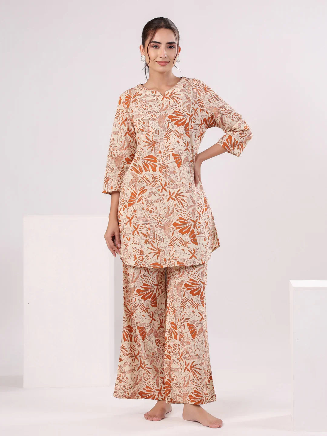 Orange Printed Cotton Night Suit Set for Women - SanskrutiHomes