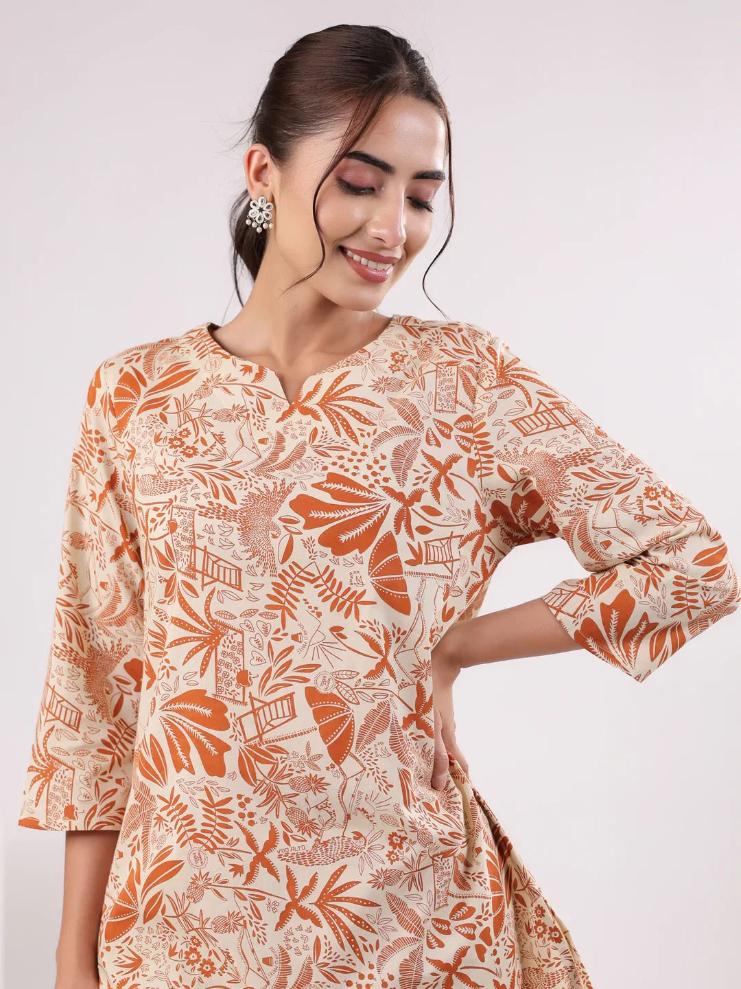 Orange Printed Cotton Night Suit Set for Women - SanskrutiHomes